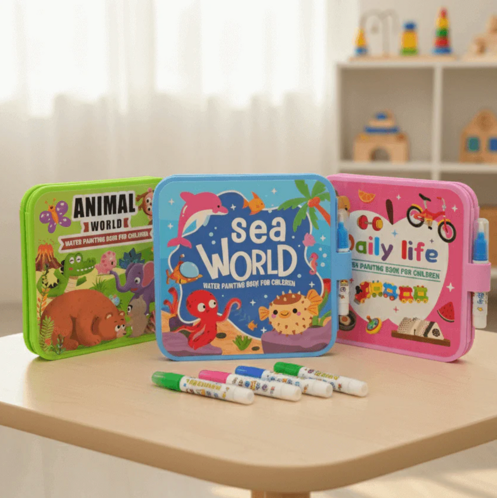 Water painting books with pens laid out on a child's play table