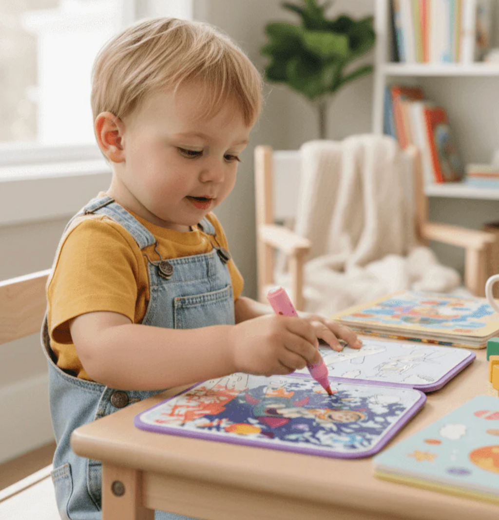 Toddler coloring a water book page with a water pen at a small table