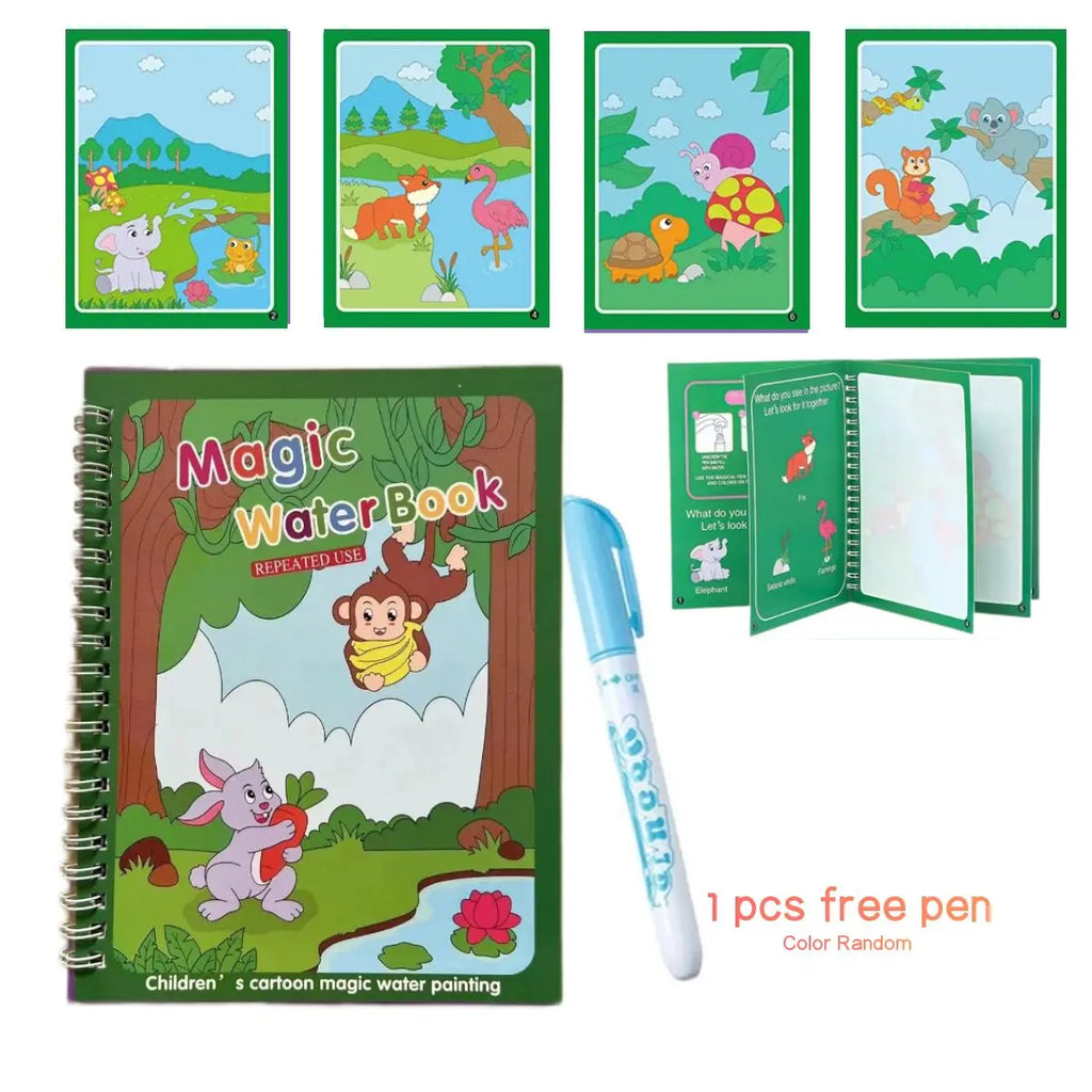 Green animal-themed spiral-bound water book with water pen and forest animal pages