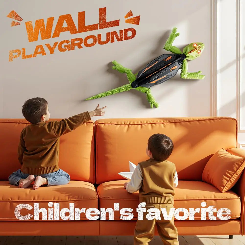 Kids watching the CrawlBot gecko toy perched on the wall above a sofa