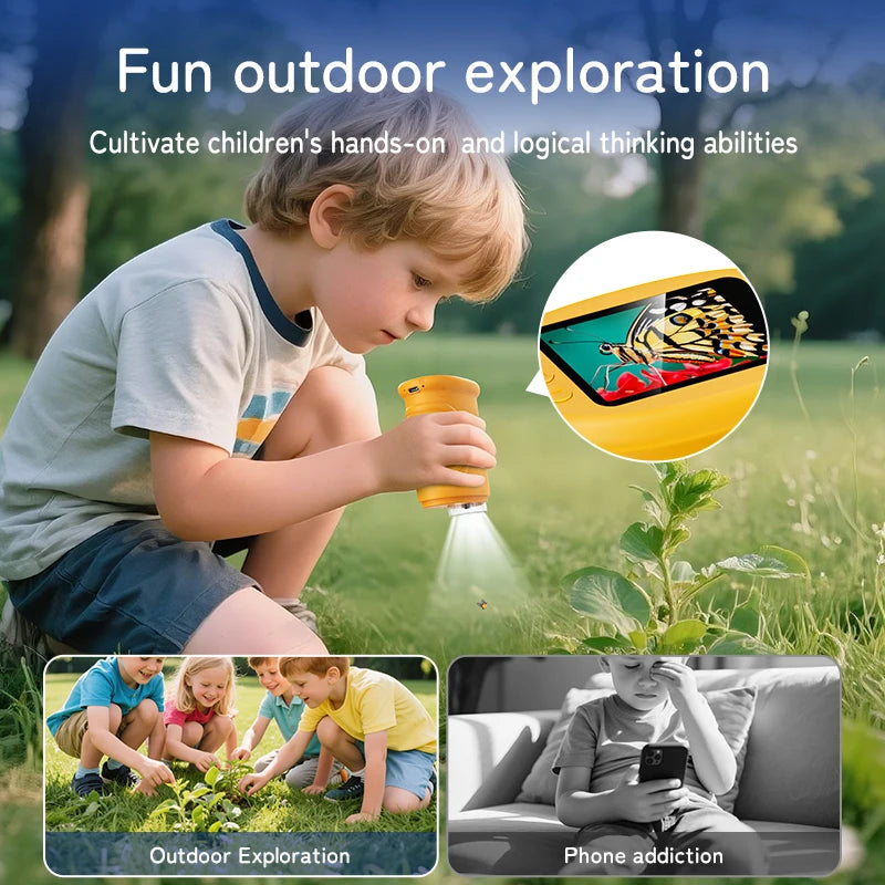 Boy exploring plants outdoors with the DiscoverScope microscope