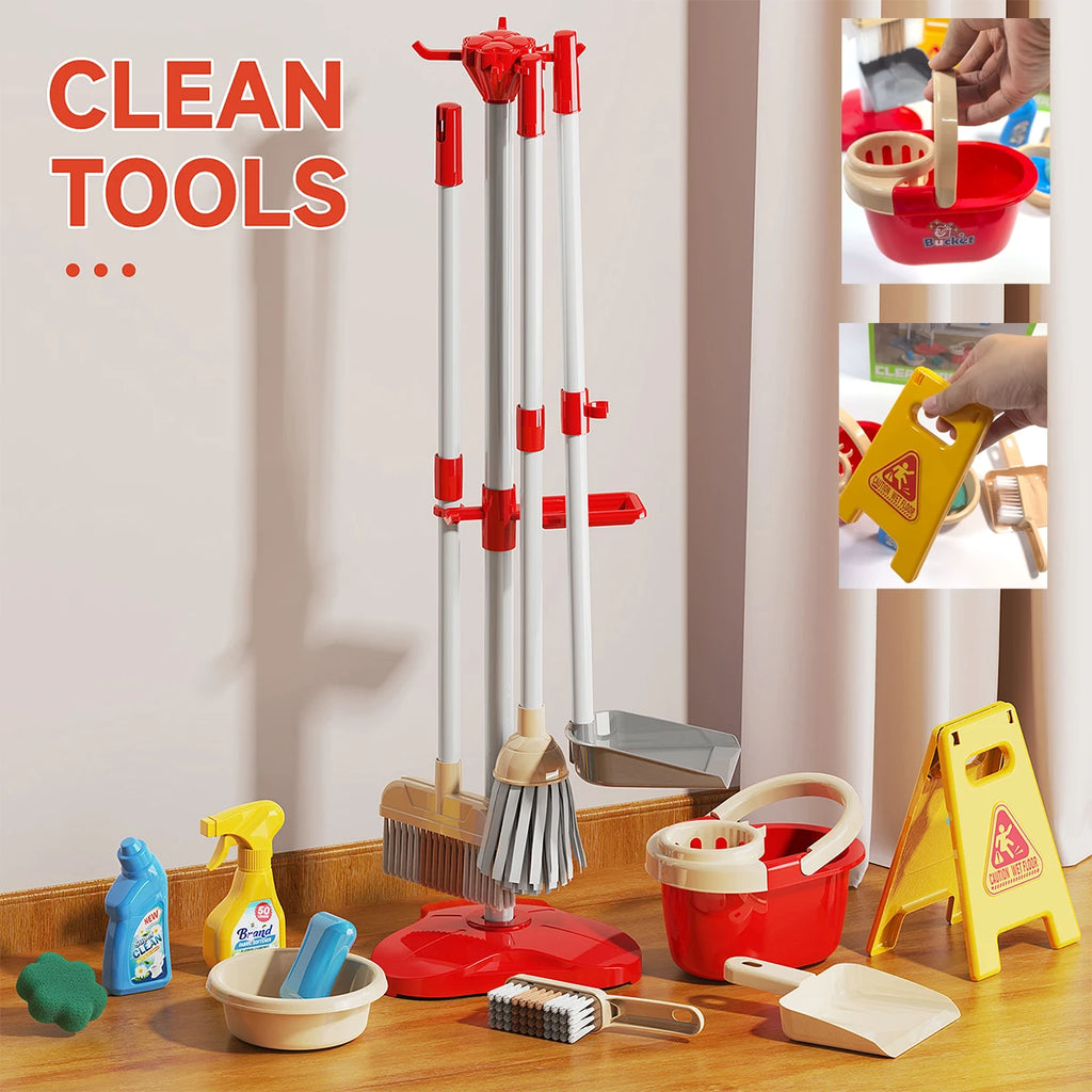 Red TidyTots cleaning tools hanging on the stand beside the bucket, basin and caution sign