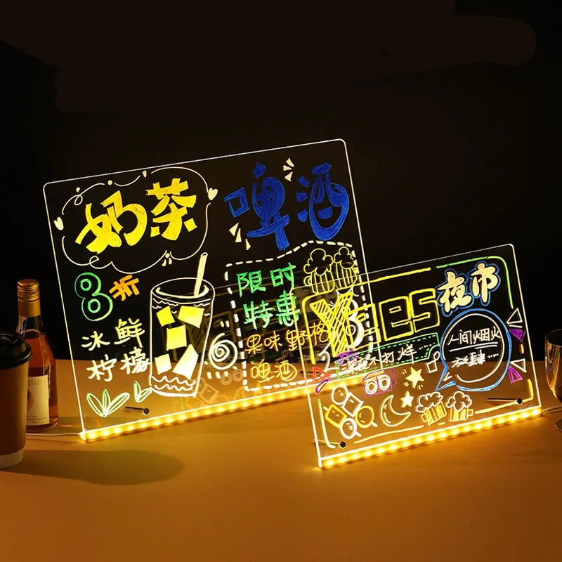 Two GlowBoard LED boards used as glowing menu signs with colourful lettering