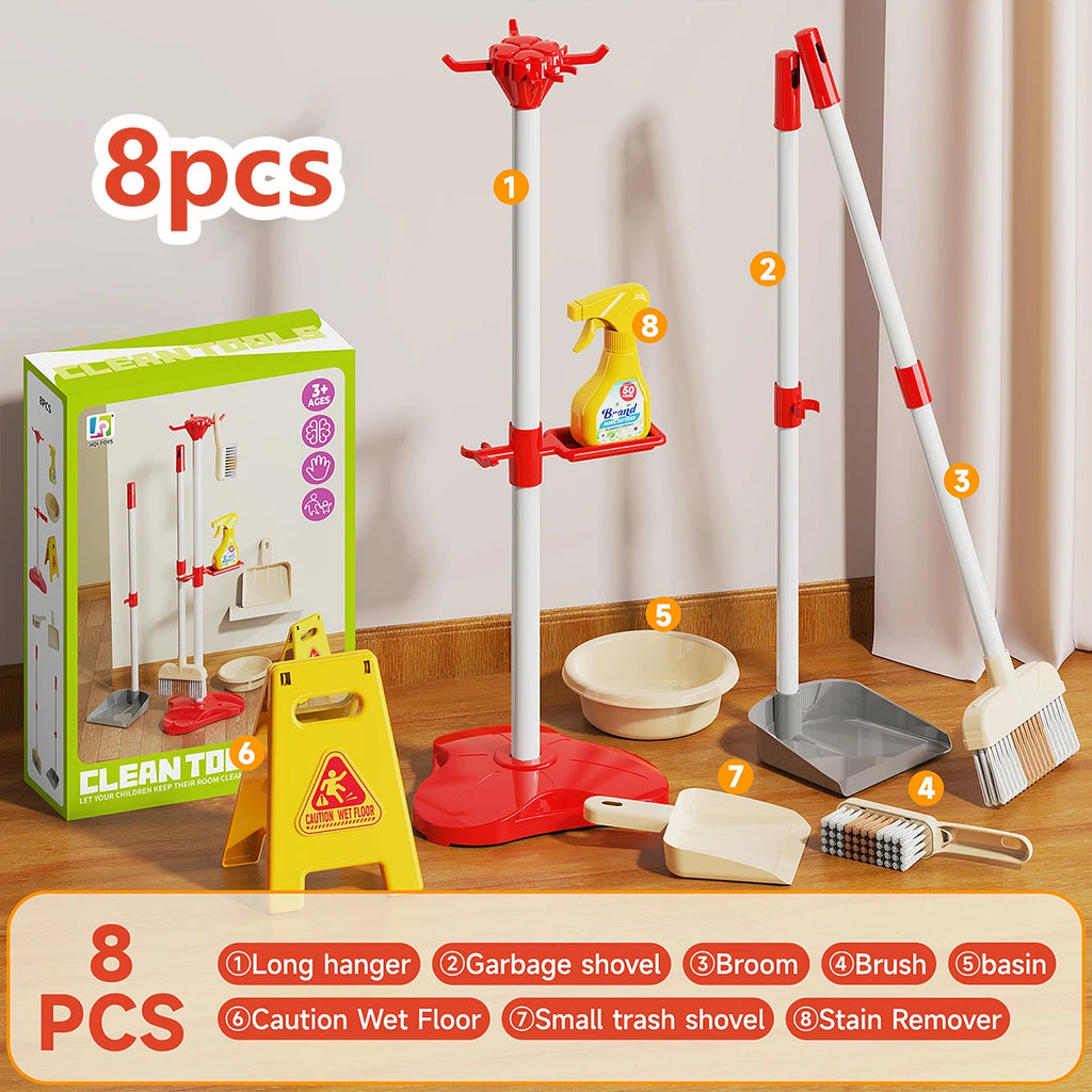 Red 8-piece TidyTots set with labeled contents: stand, broom, dustpans, brush, basin and caution sign