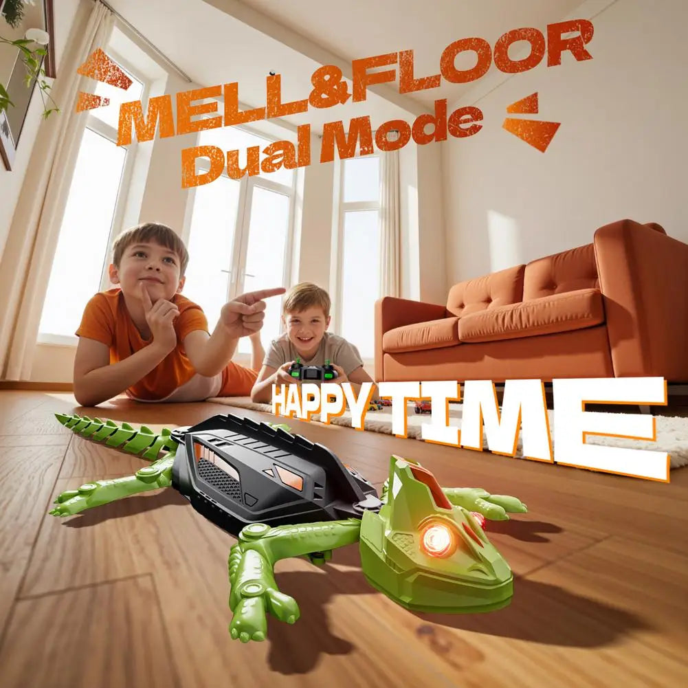 Two kids playing with the CrawlBot RC gecko toy in the living room
