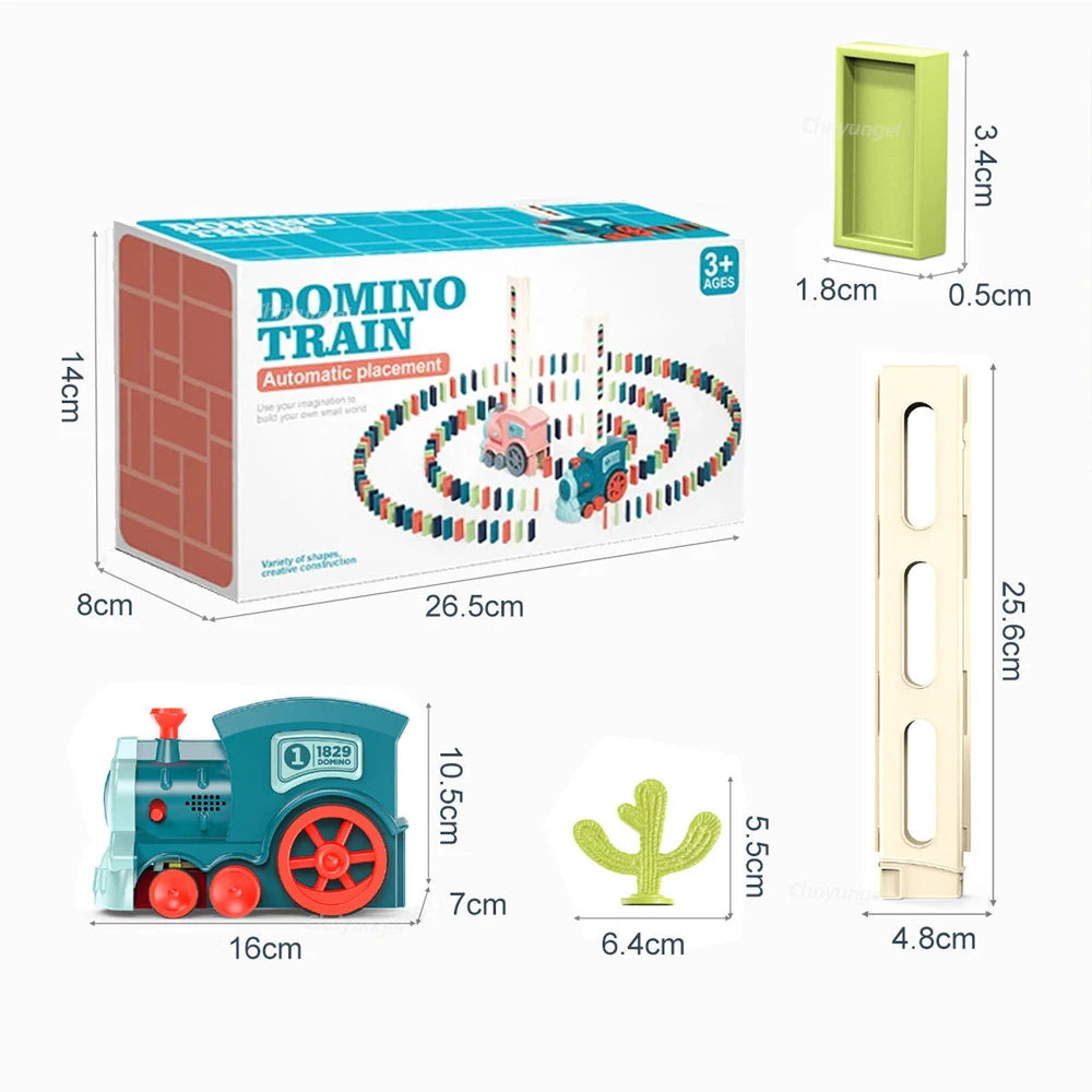 Domino run curving across the floor, laid by the DominoExpress train