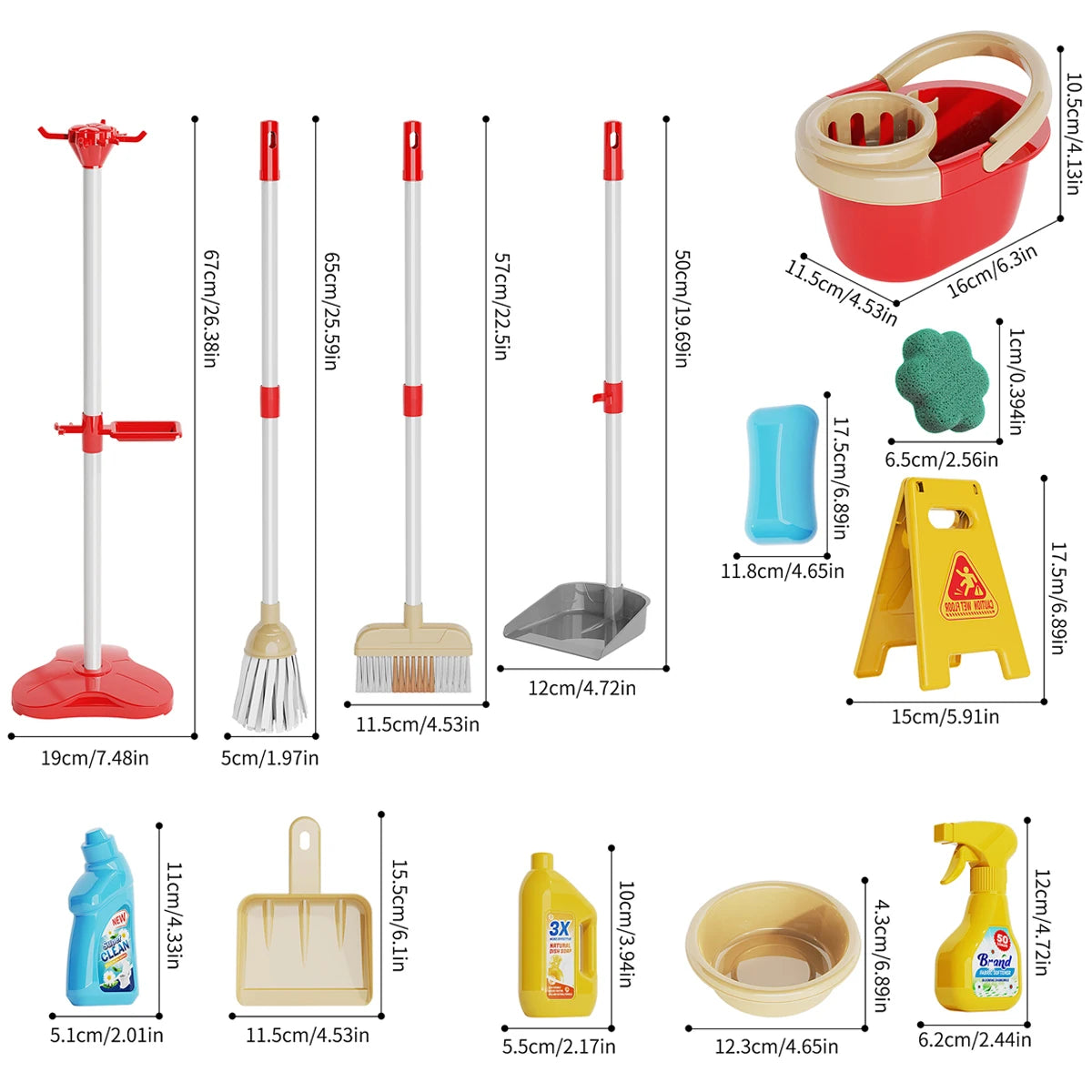 Size chart of TidyTots cleaning set pieces with centimeter and inch measurements