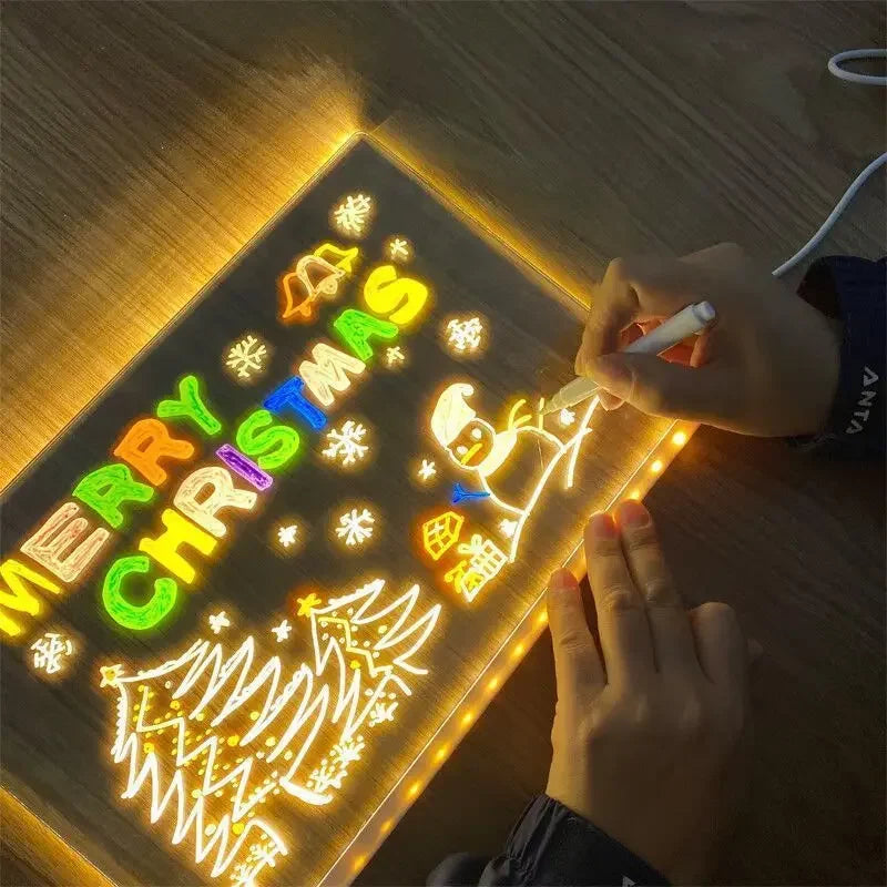 Merry Christmas artwork glowing on the GlowBoard LED drawing board