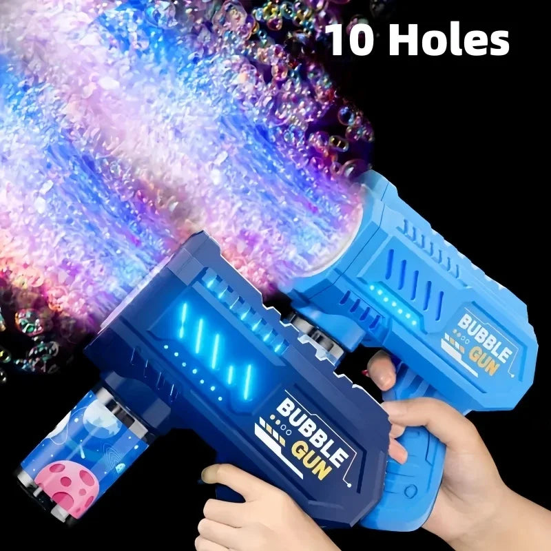 Two blue BubbleBlast bubble guns firing bubble clouds from their 10-outlet heads
