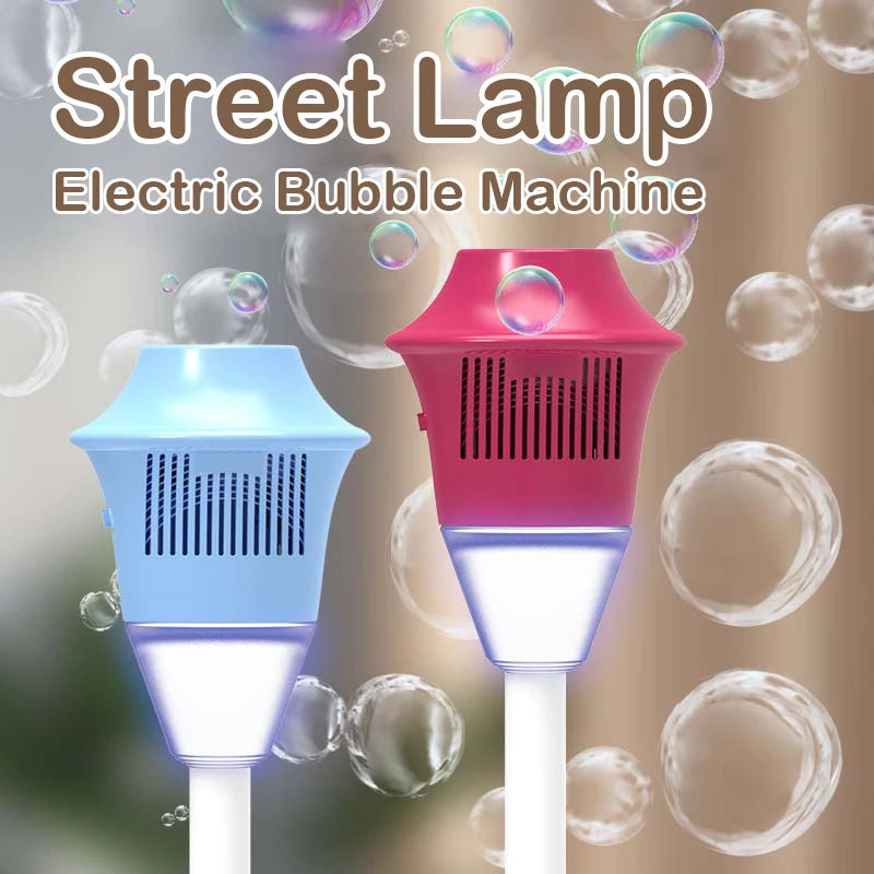 Blue and red lamp heads of the BubbleStorm bubble machine surrounded by bubbles