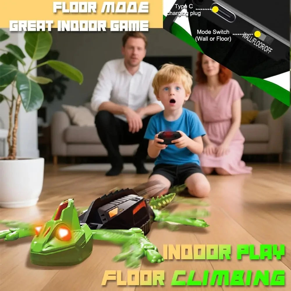 Child driving the CrawlBot RC gecko toy across a wooden floor at home