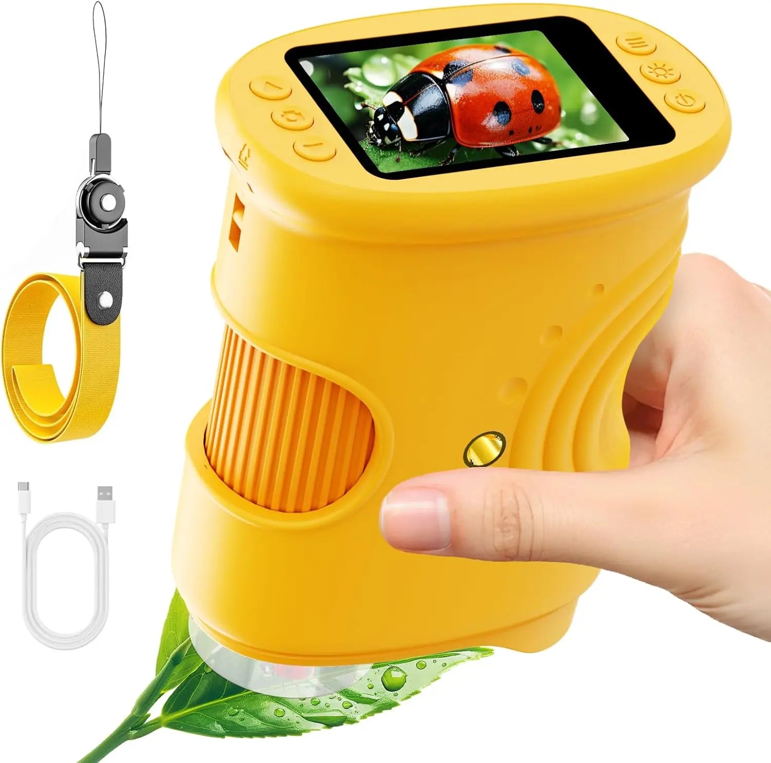 Yellow DiscoverScope shown with wrist strap and charging cable