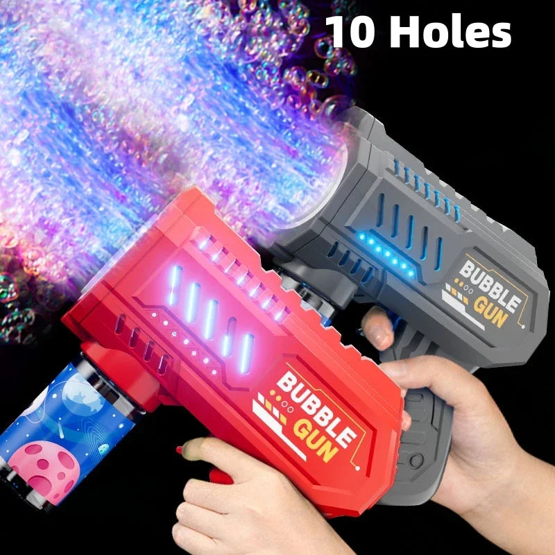 Red and grey BubbleBlast bubble guns shooting bubble clouds side by side