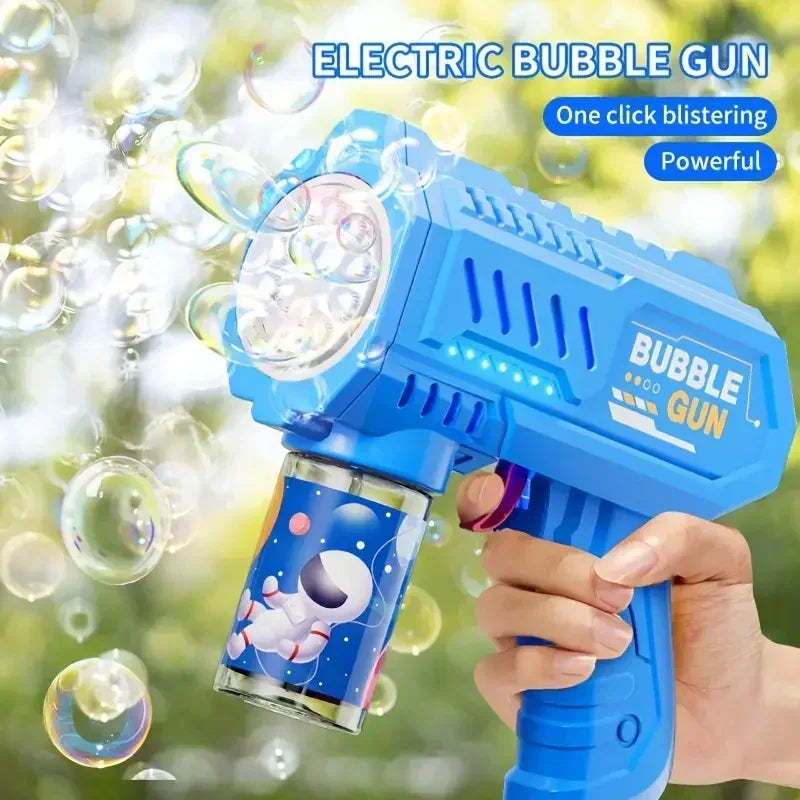 Blue BubbleBlast electric bubble gun blowing bubbles outdoors, side view with solution bottle