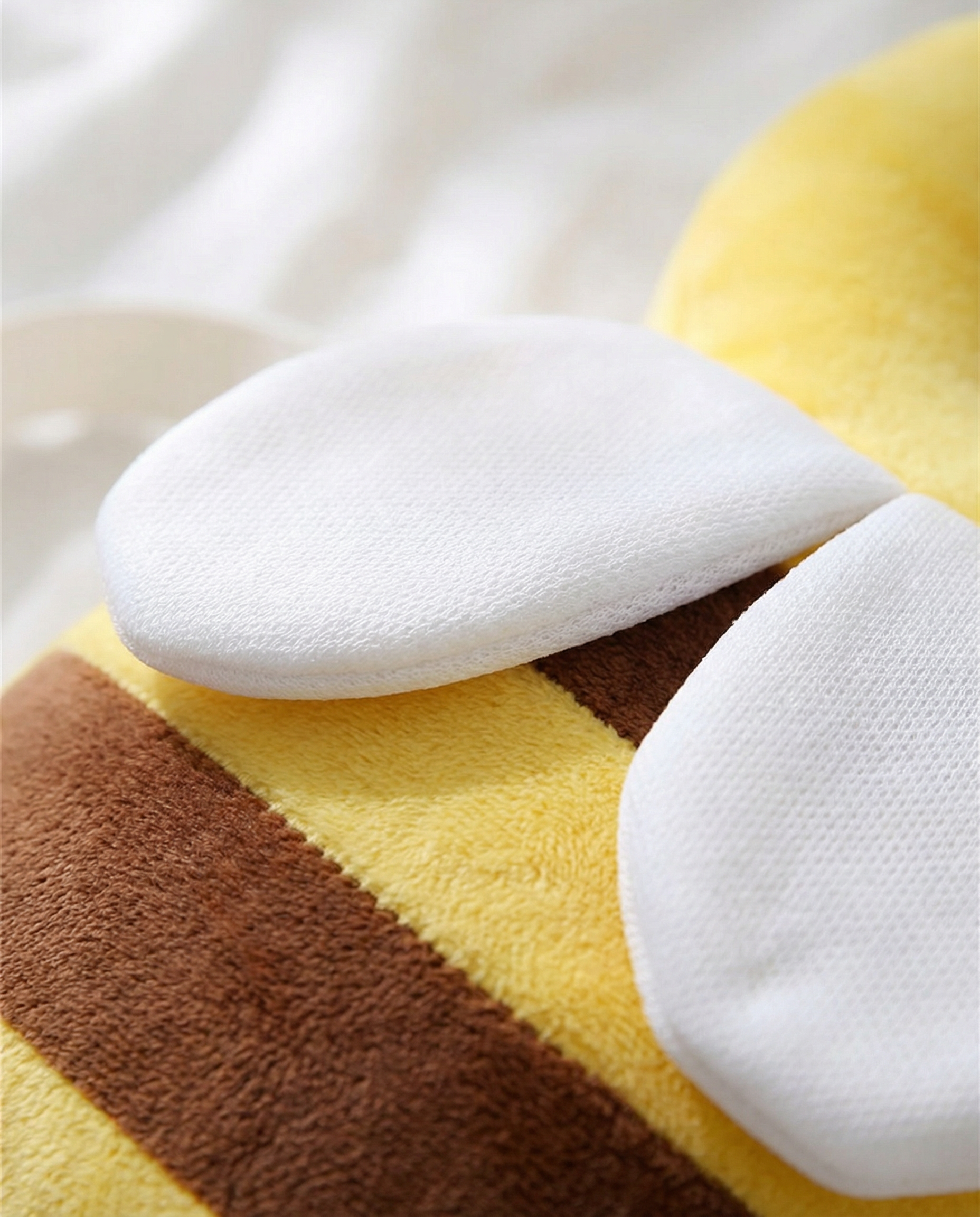 Close-up of the white wings and striped plush body of the bee cushion