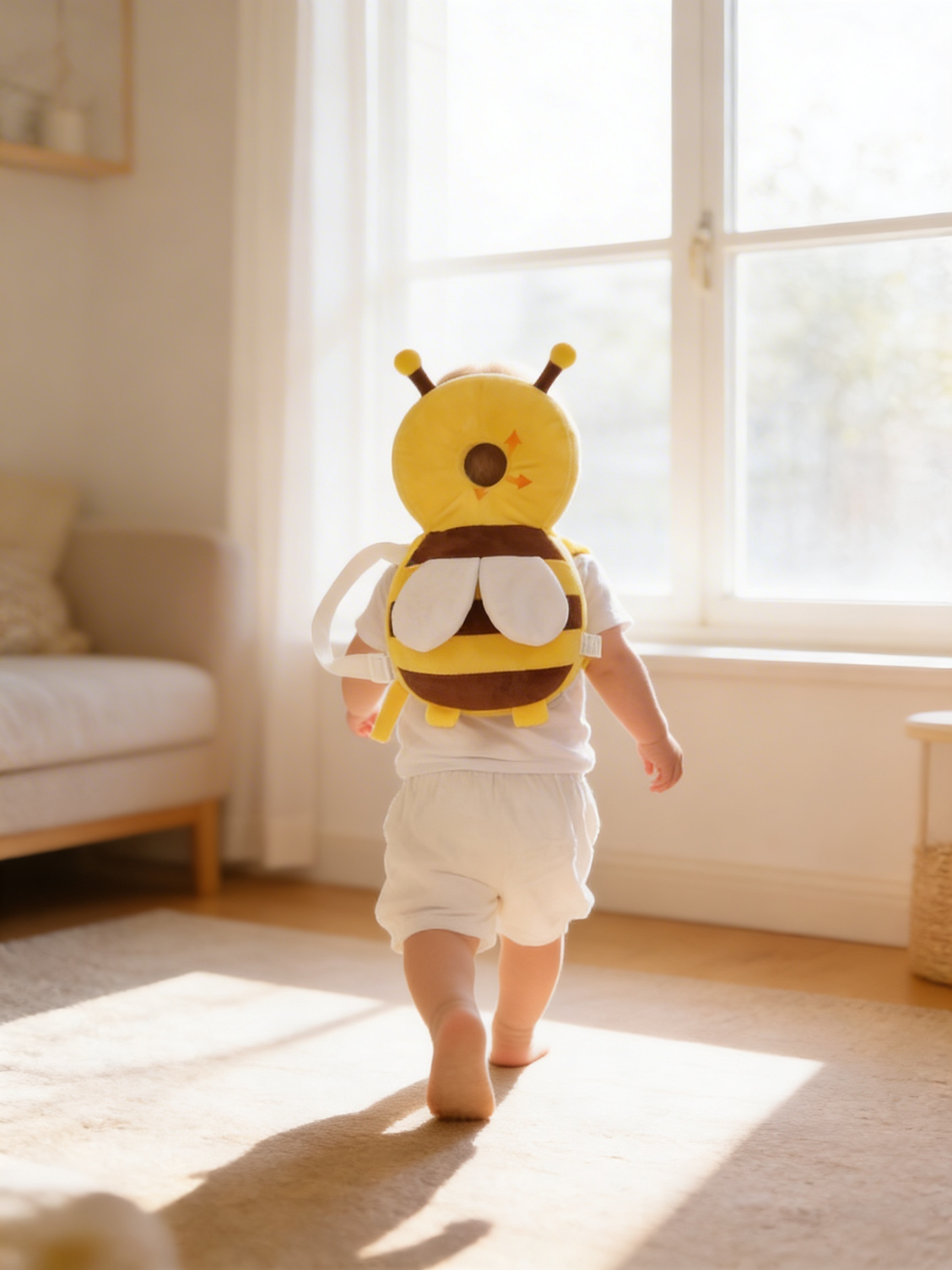 Toddler walking toward the window wearing the bee head cushion