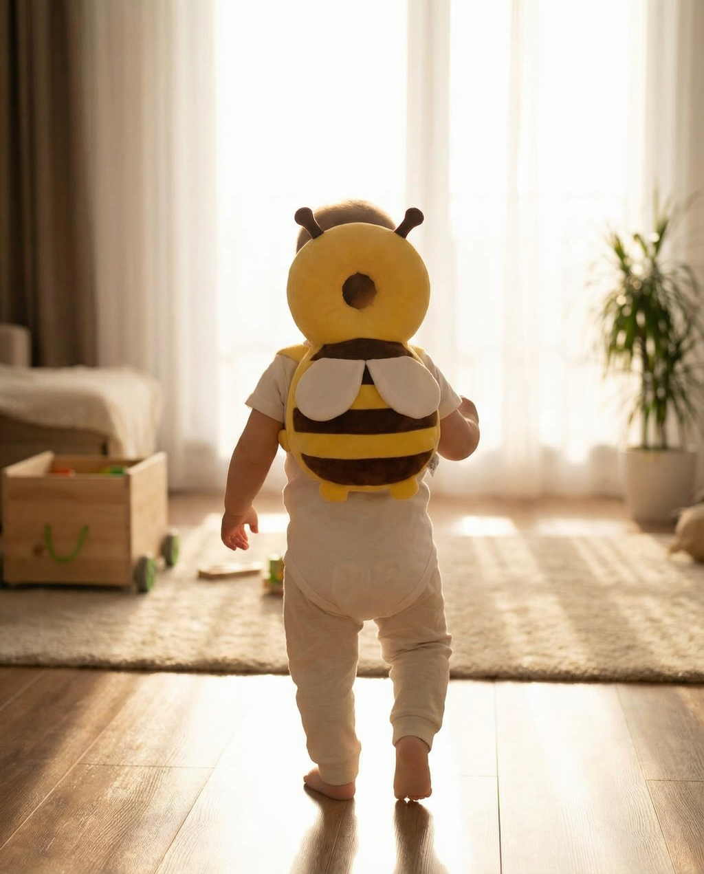 Baby walking across a wooden floor wearing the bee head cushion on their back