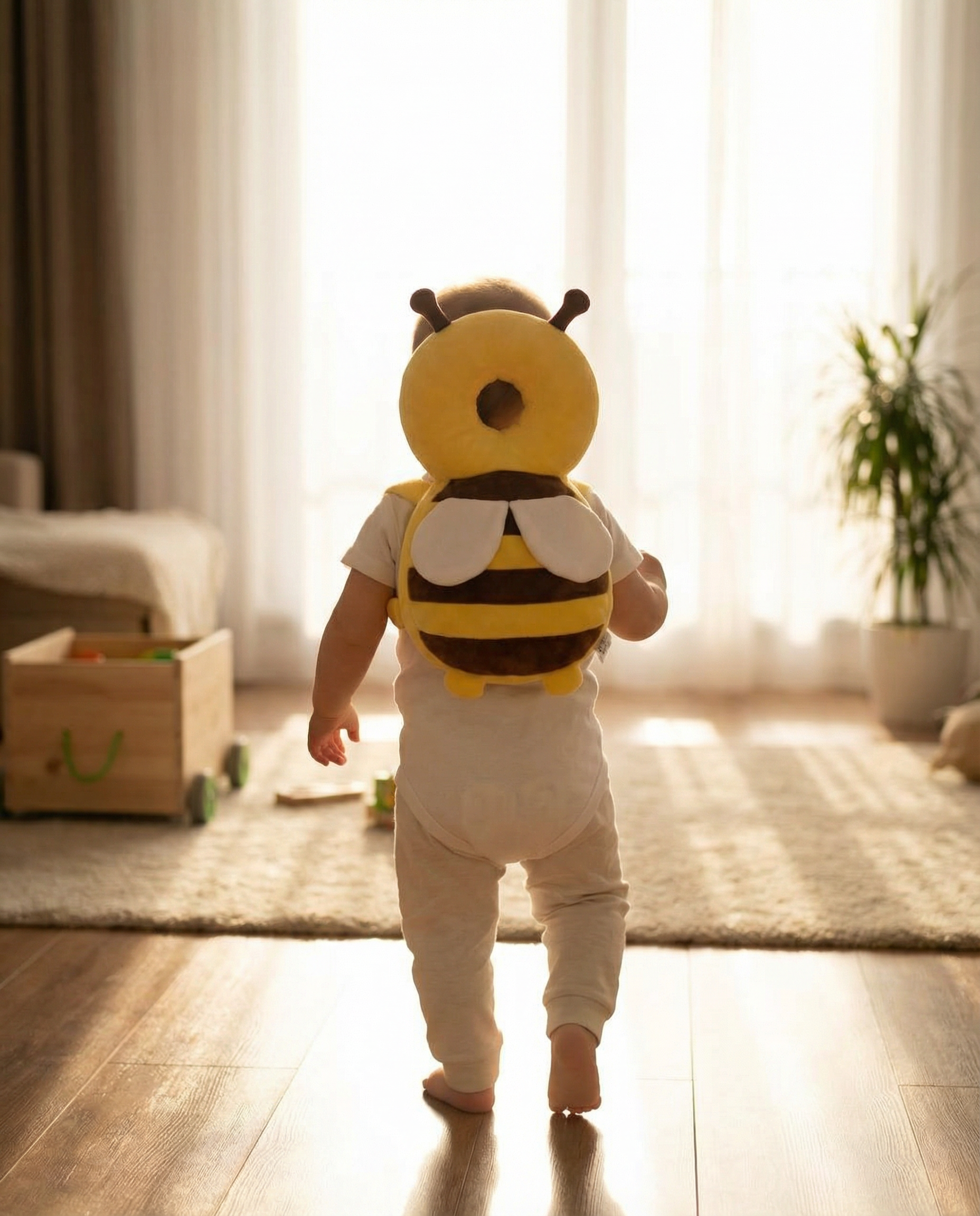 Baby walking across a wooden floor wearing the bee head cushion on their back