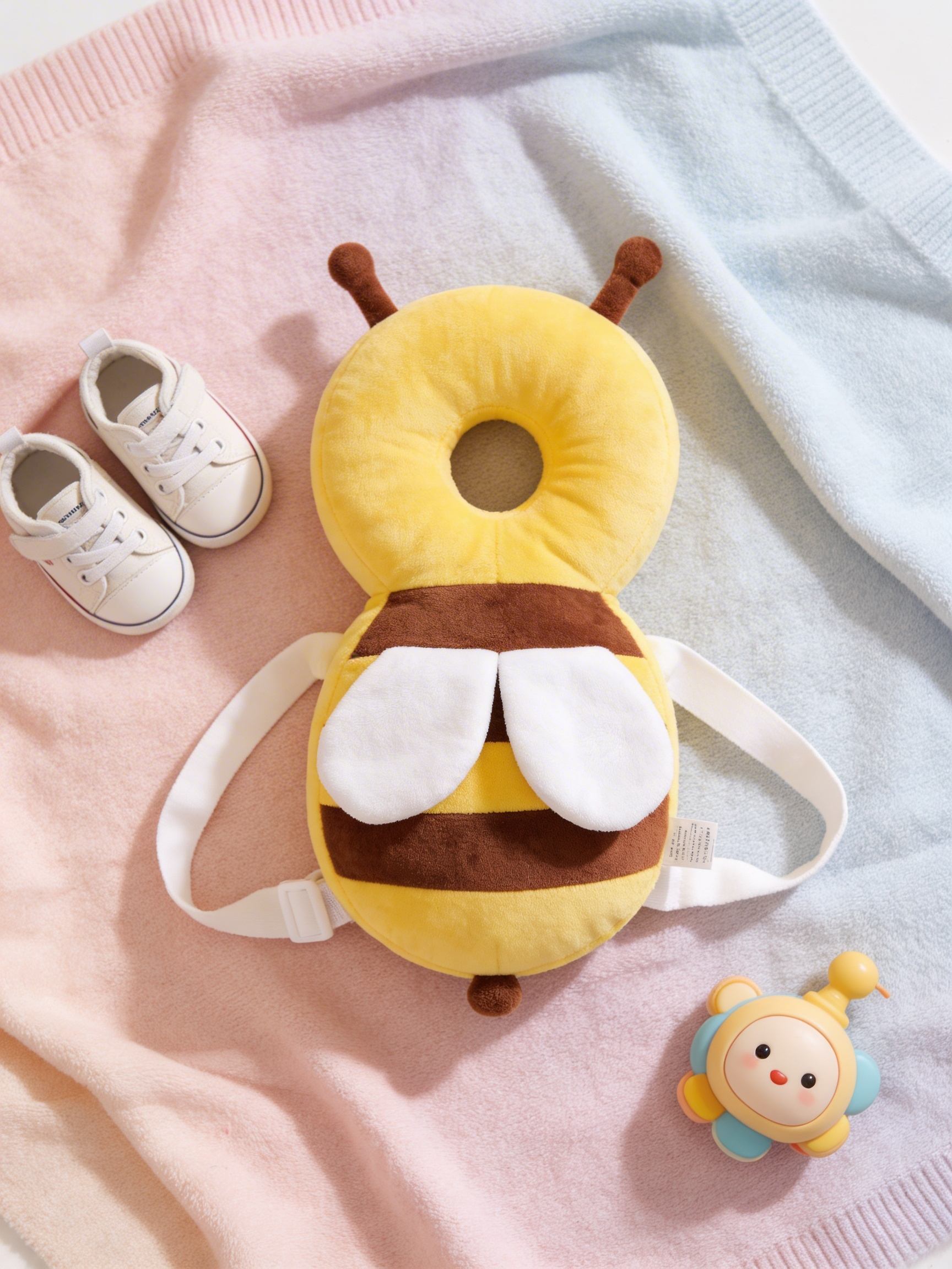 Little Bee head cushion flat lay with baby sneakers and a rattle toy