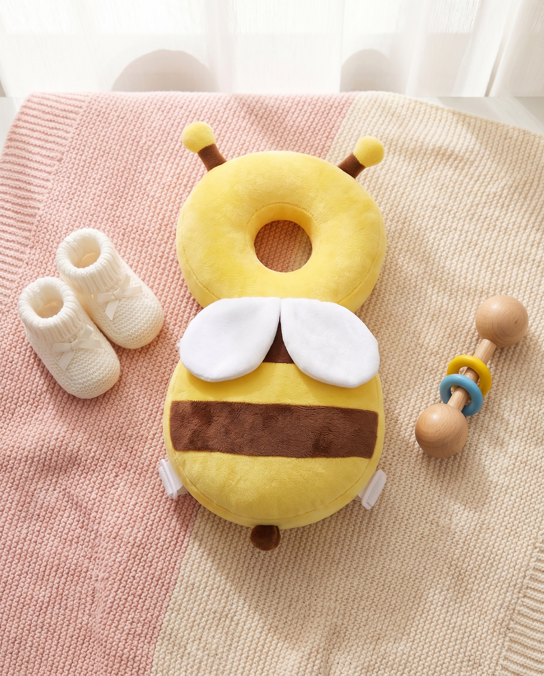 Little Bee head cushion on a knitted blanket with booties and a wooden rattle