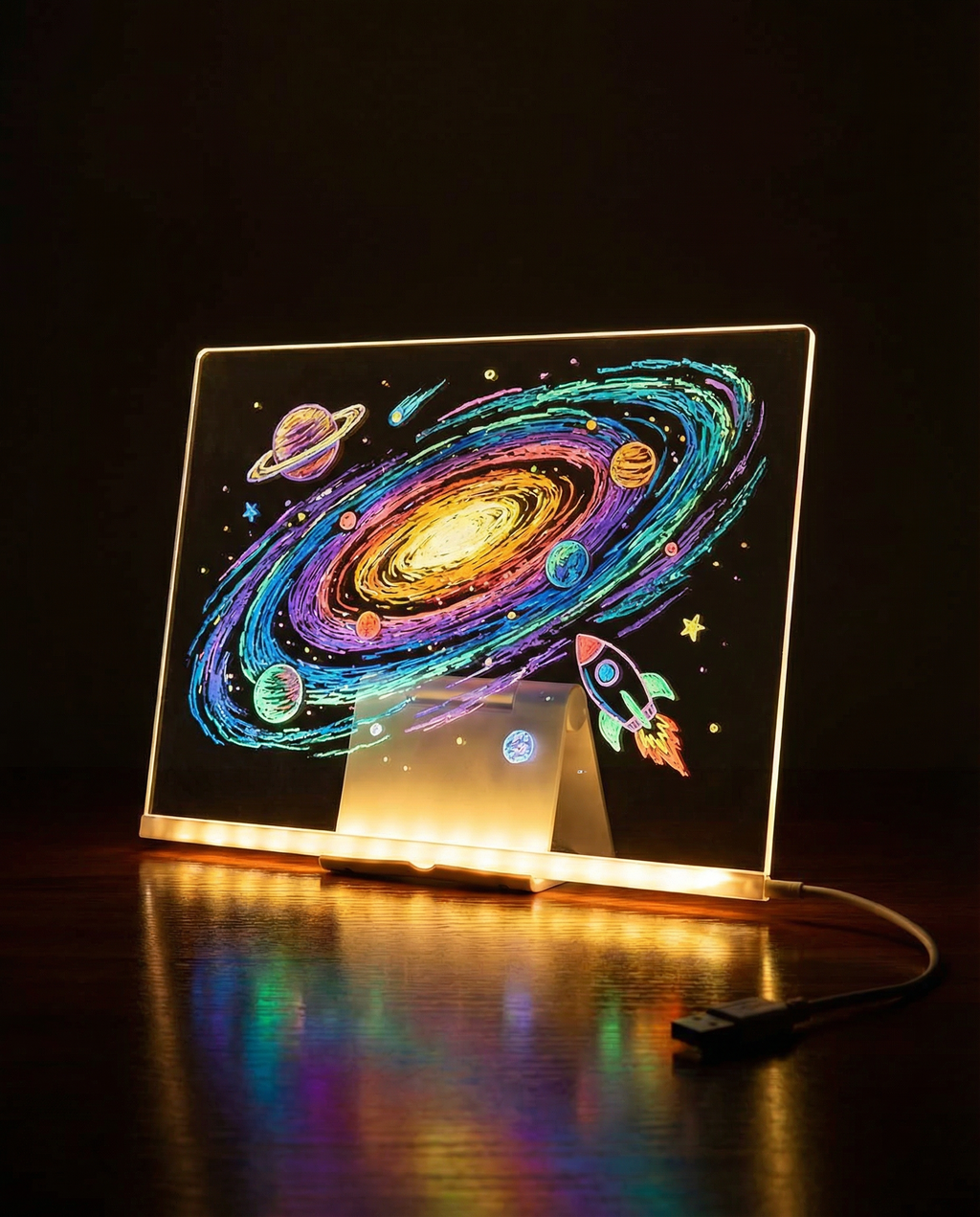 GlowBoard LED drawing board displaying a glowing galaxy and rocket doodle in the dark