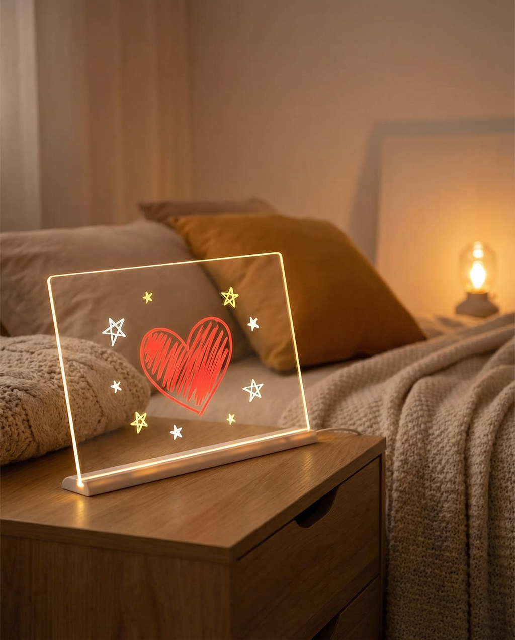 GlowBoard night light with a glowing heart doodle on a bedside table