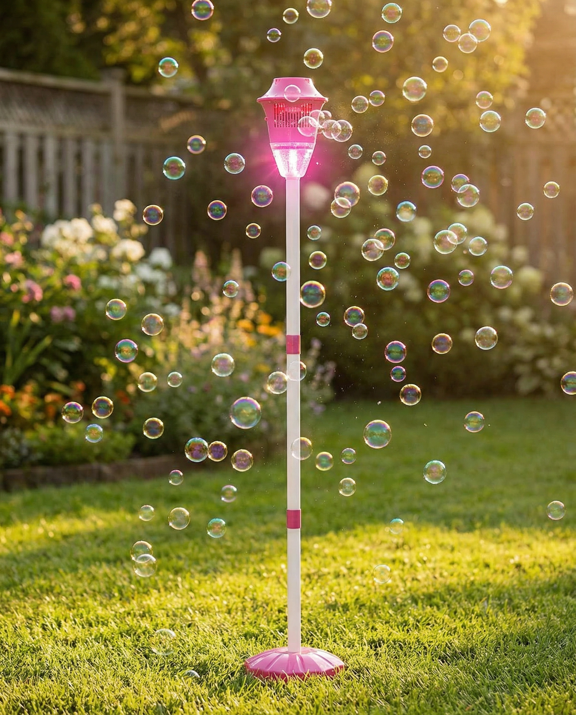 BubbleStorm street-lamp bubble machine glowing and blowing bubbles on a sunny lawn