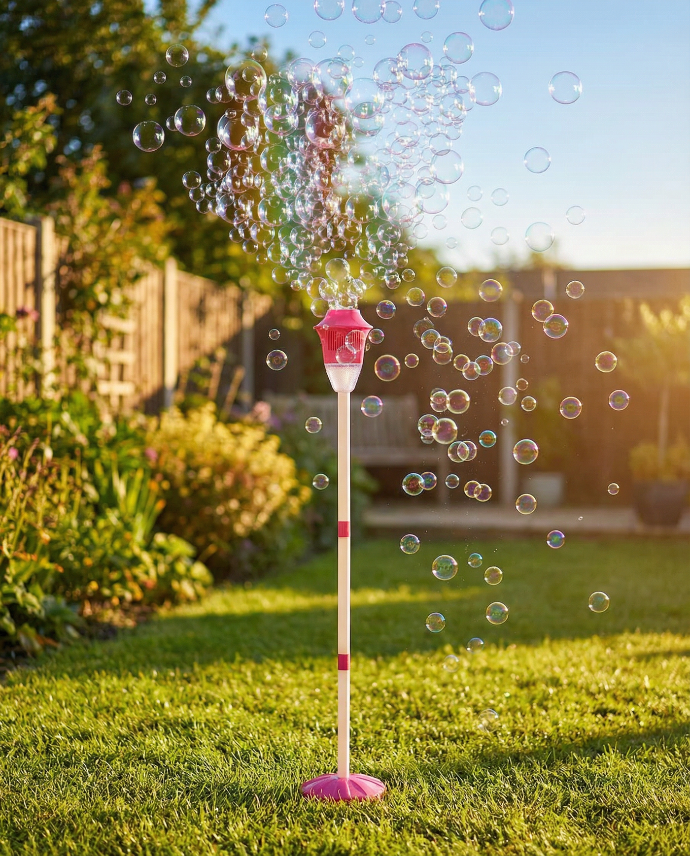 BubbleStorm street-lamp bubble machine on its pole stand blowing bubbles in a garden