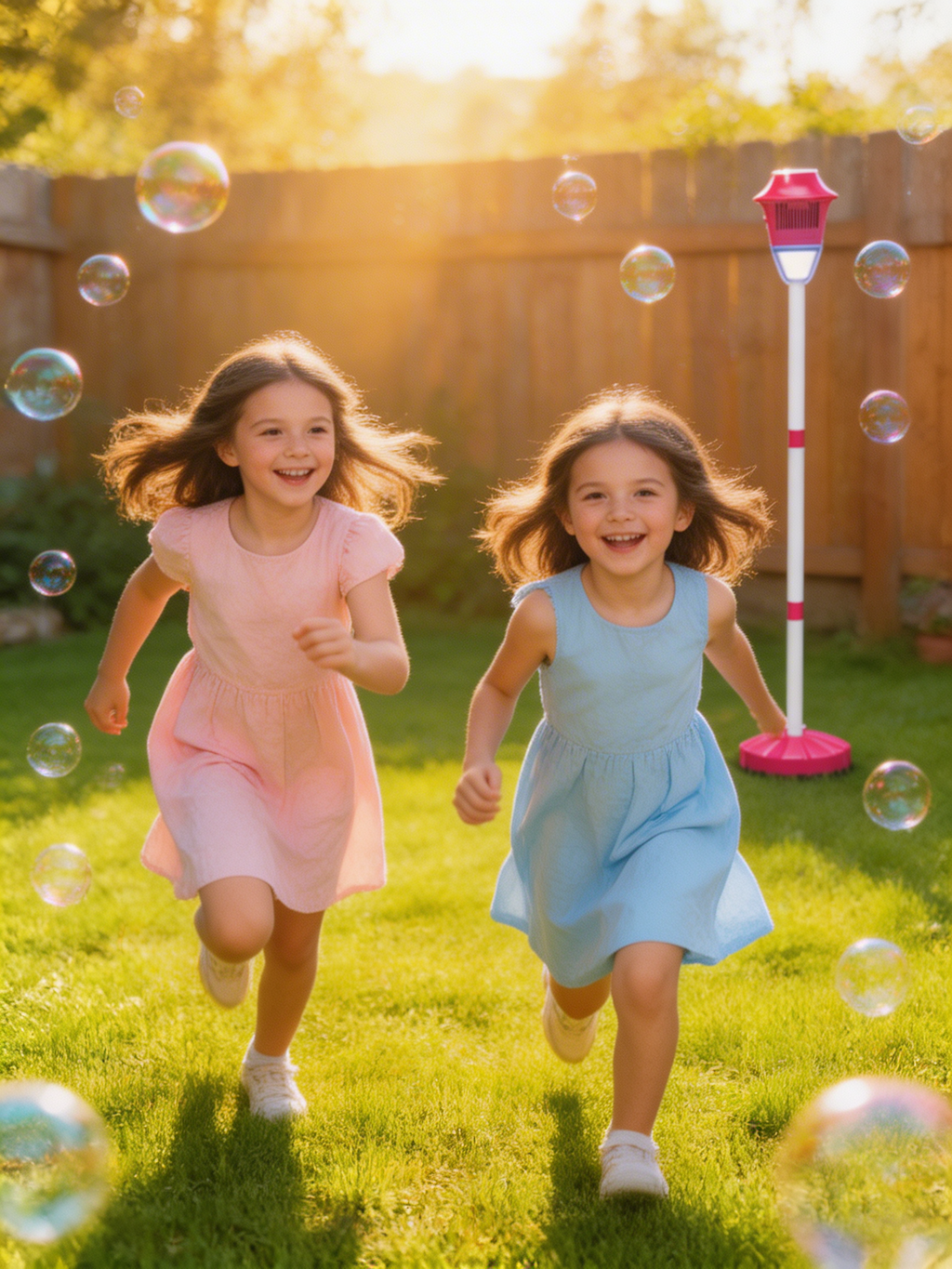 Two girls running through bubbles beside the BubbleStorm bubble machine