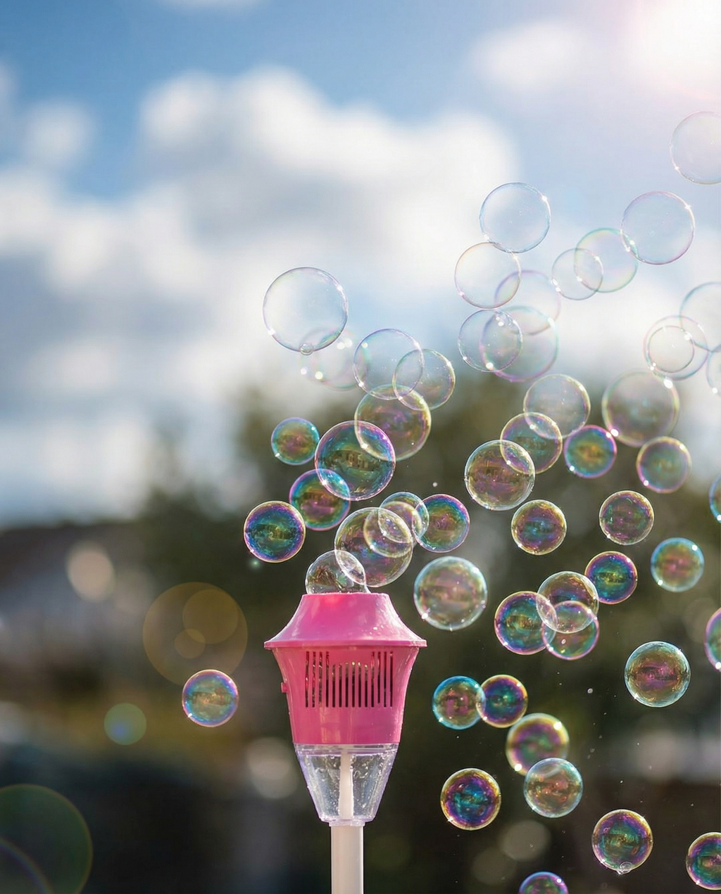 Close-up of the BubbleStorm lamp head releasing bubbles against a blue sky