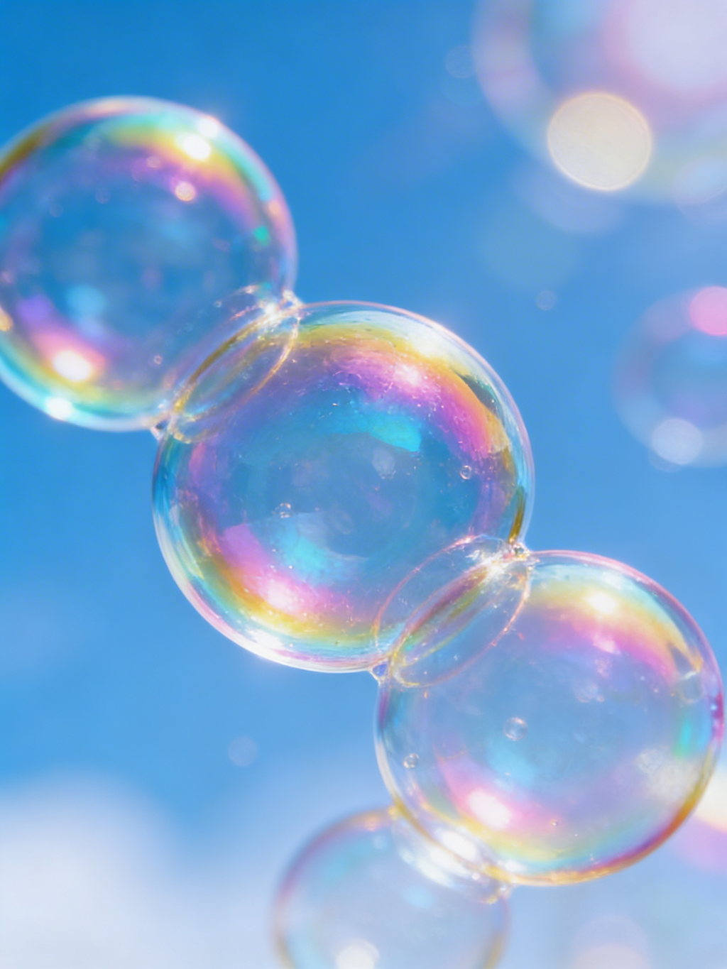 Rainbow-sheen soap bubbles floating against a blue sky
