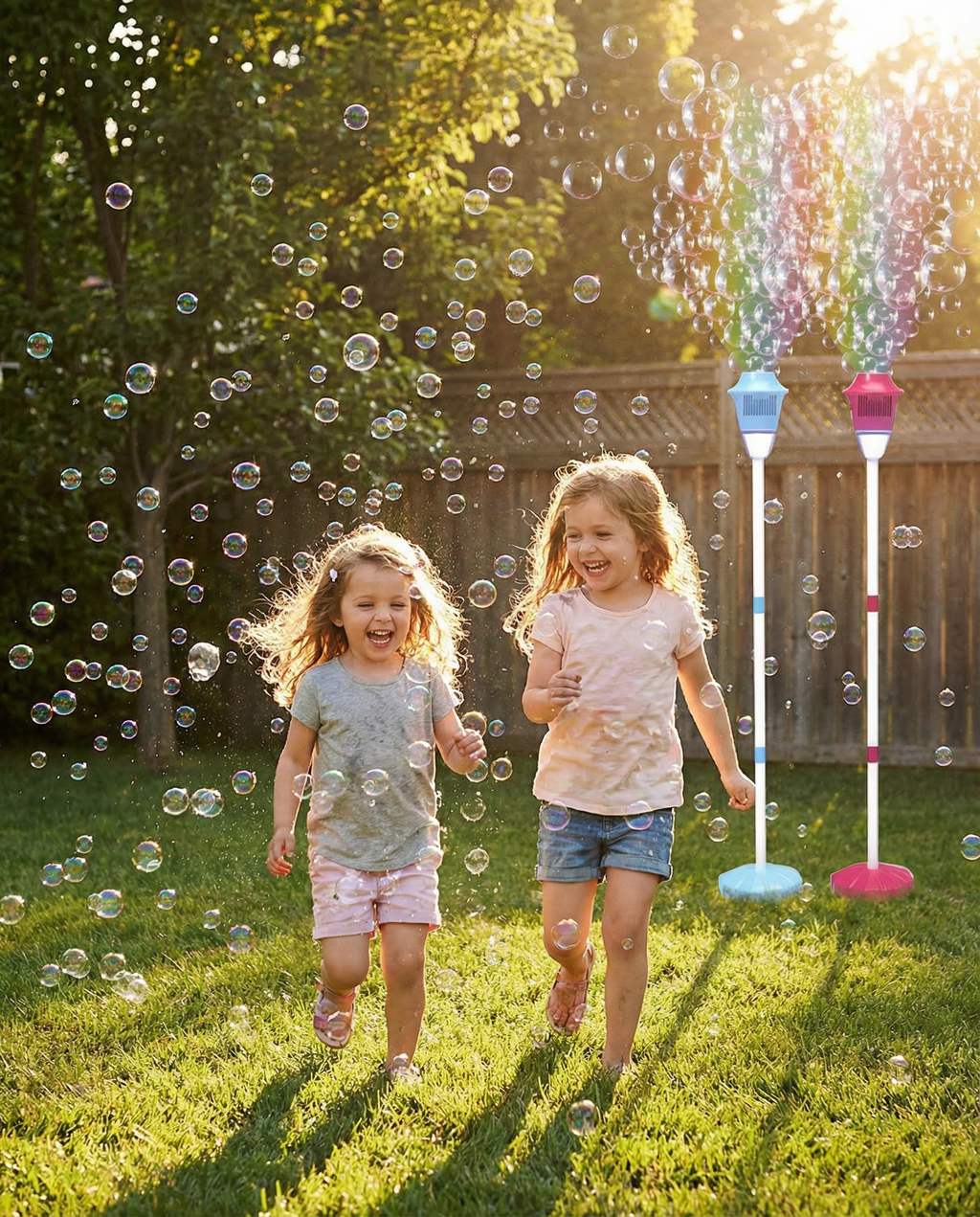 Two girls chasing bubbles from BubbleStorm street-lamp bubble machines in a backyard