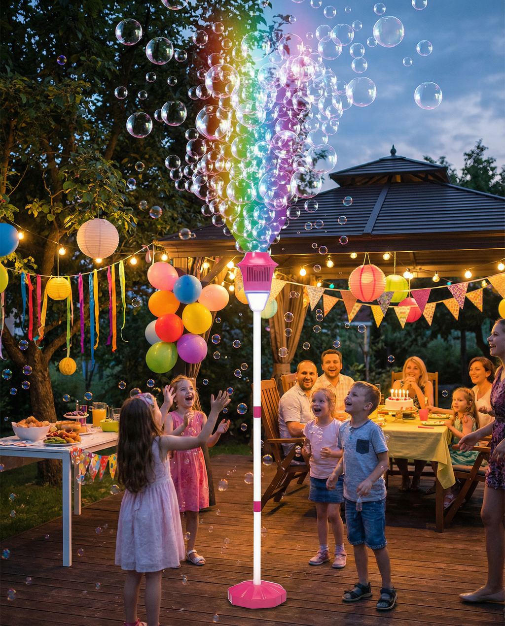 BubbleStorm bubble machine pouring bubbles over an evening garden party