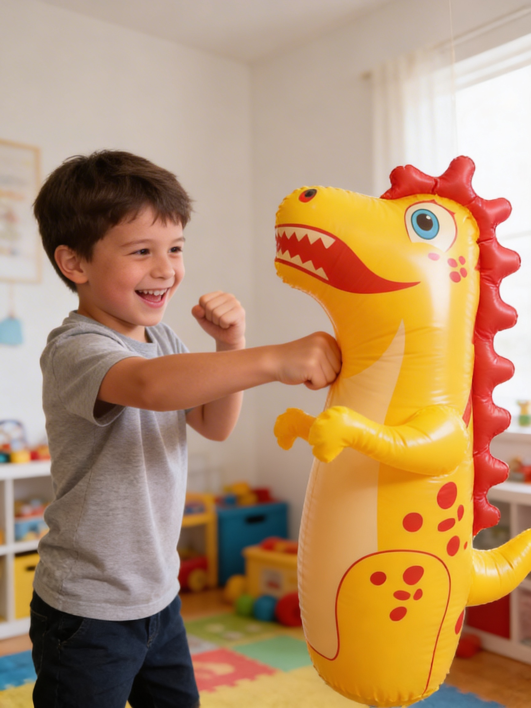 Boy play-boxing with the yellow DinoPunch indoors