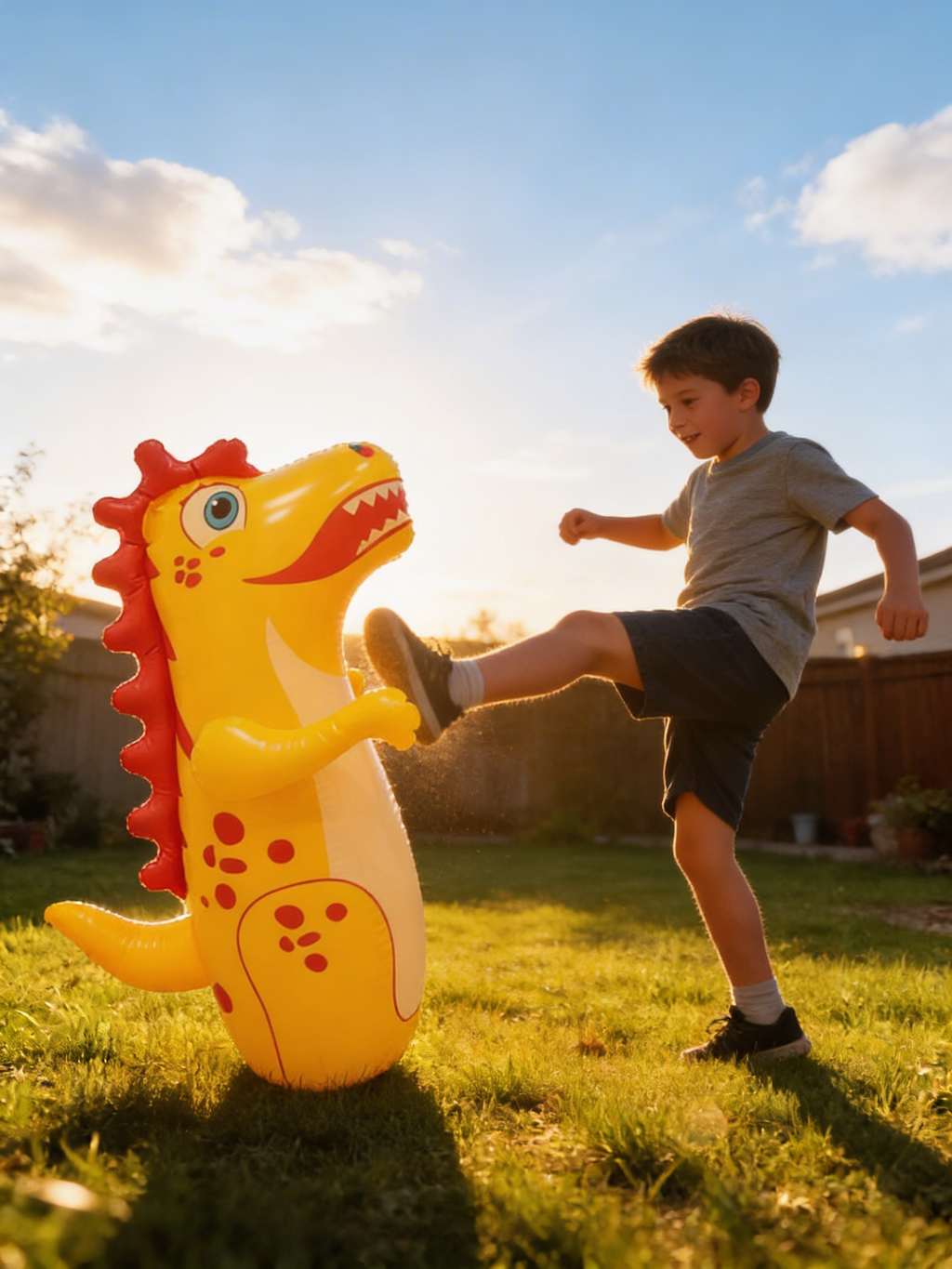 Child kicking the yellow DinoPunch outdoors at sunset