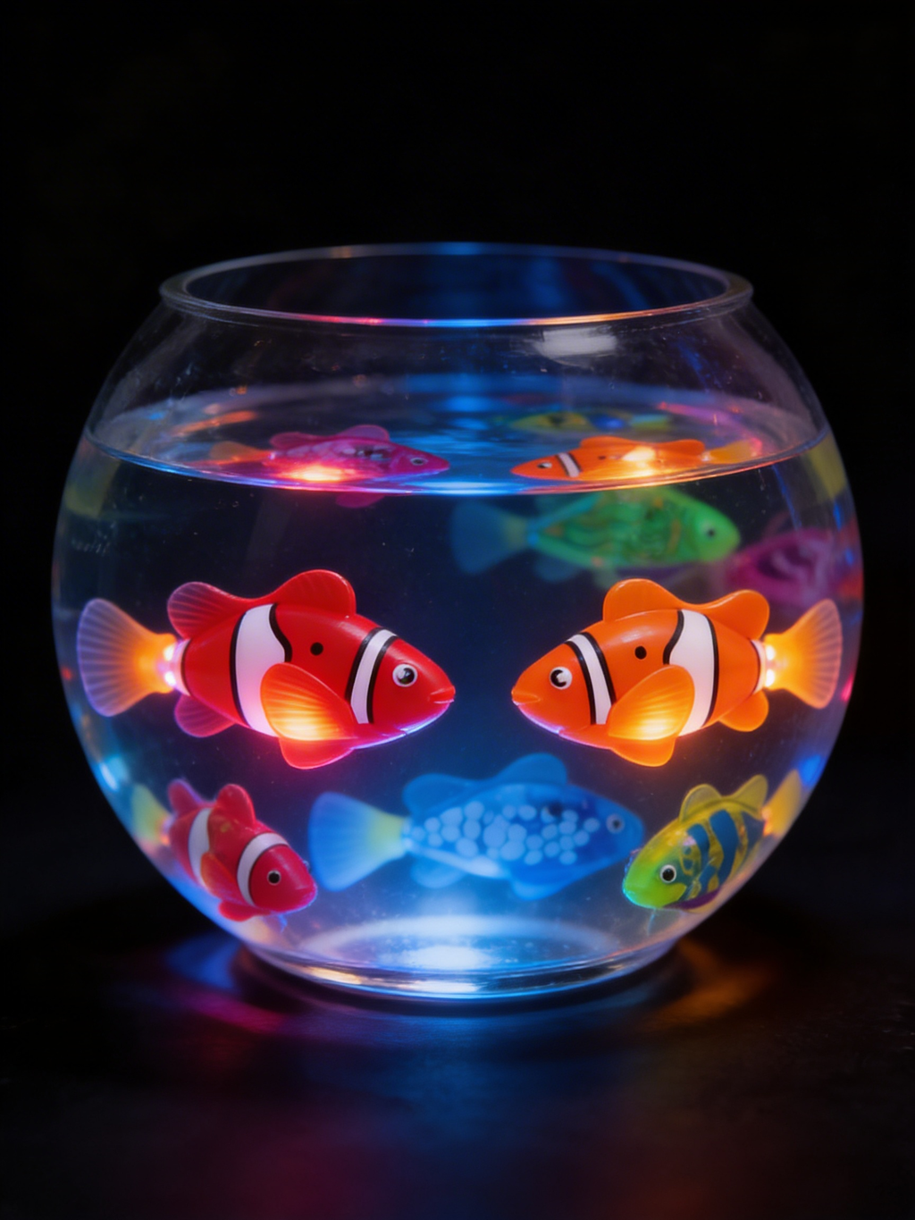 Orange and blue AquaPet fish glowing underwater in a fishbowl