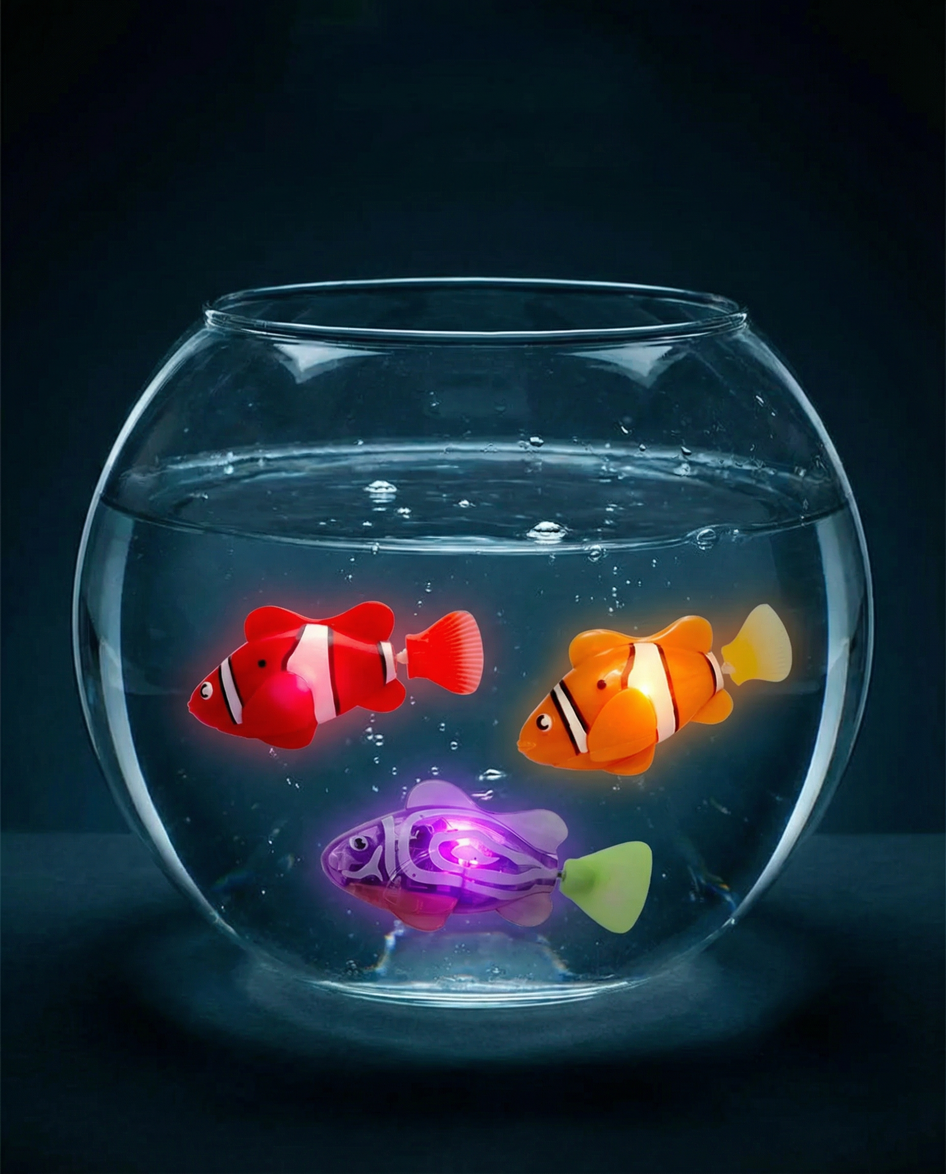 Two AquaPet robotic fish swimming together in a glass bowl