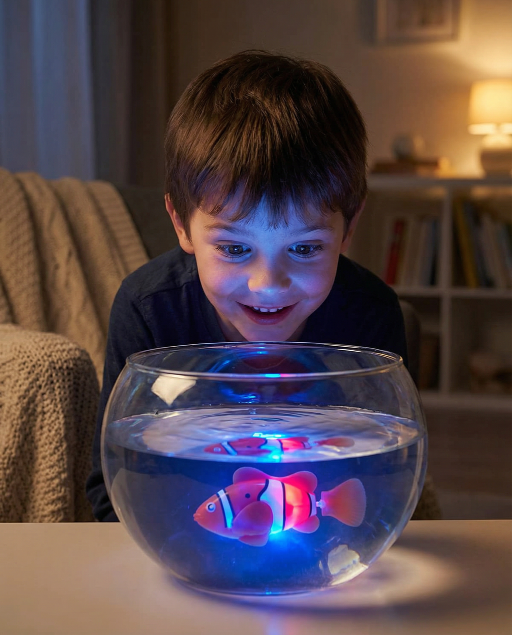 Child watching an AquaPet fish glow in a glass bowl in the evening