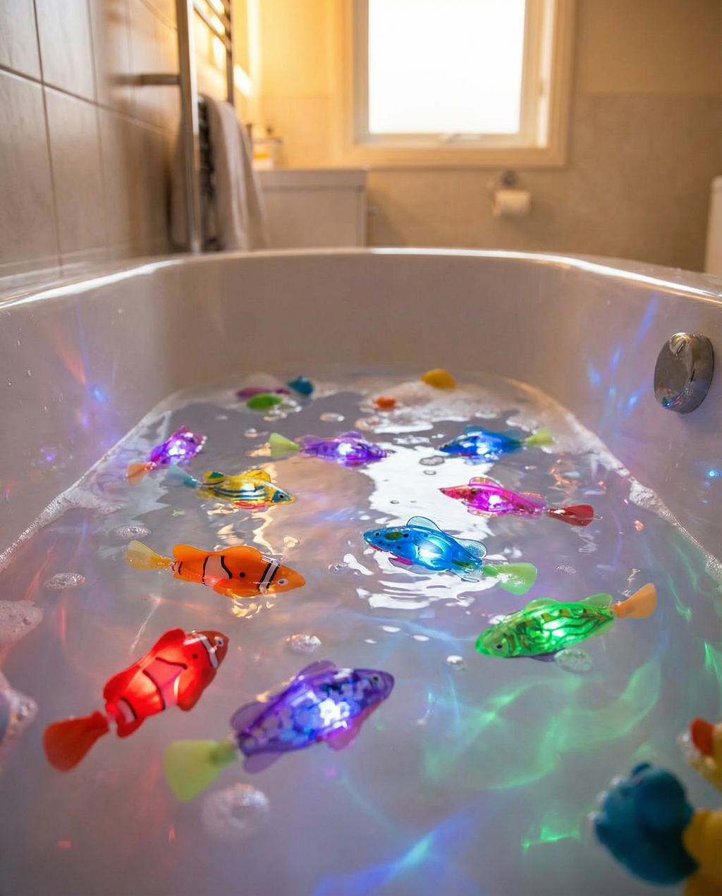 AquaPet robotic swimming fish toys glowing in a bathtub full of water