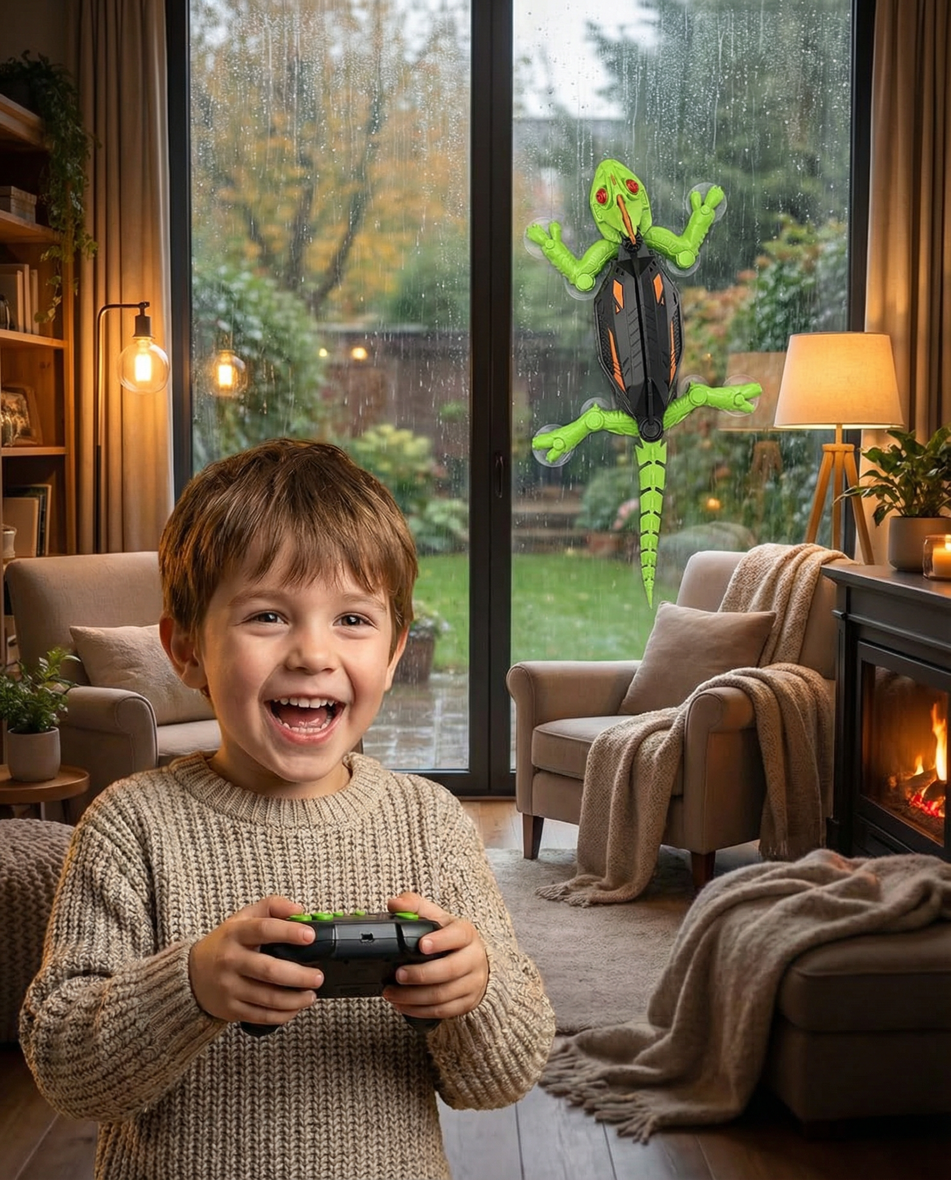 Boy holding the remote as the CrawlBot gecko toy sits on a rainy window