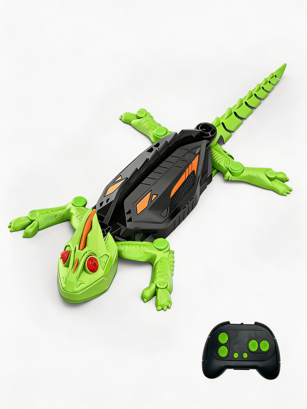 Top view of the green CrawlBot RC gecko toy next to its handheld remote