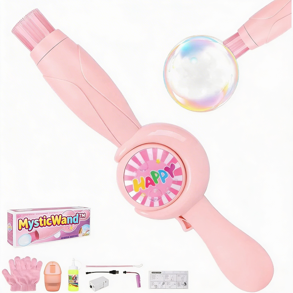 Pink MysticWand bubble wand with box, front view