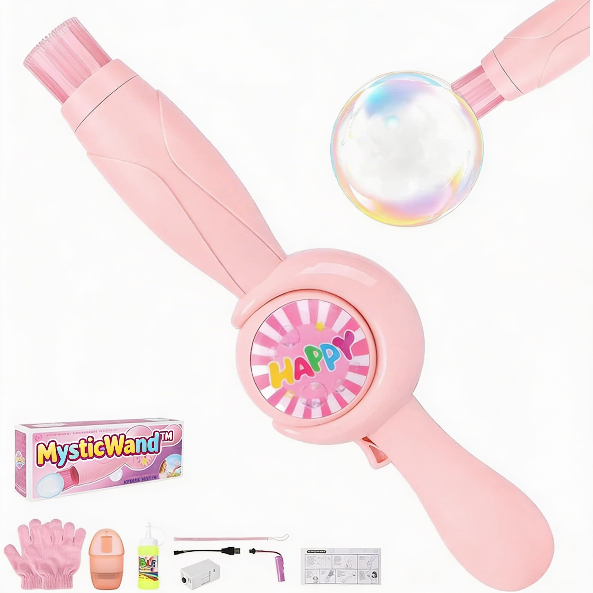 Pink MysticWand bubble wand with box, front view