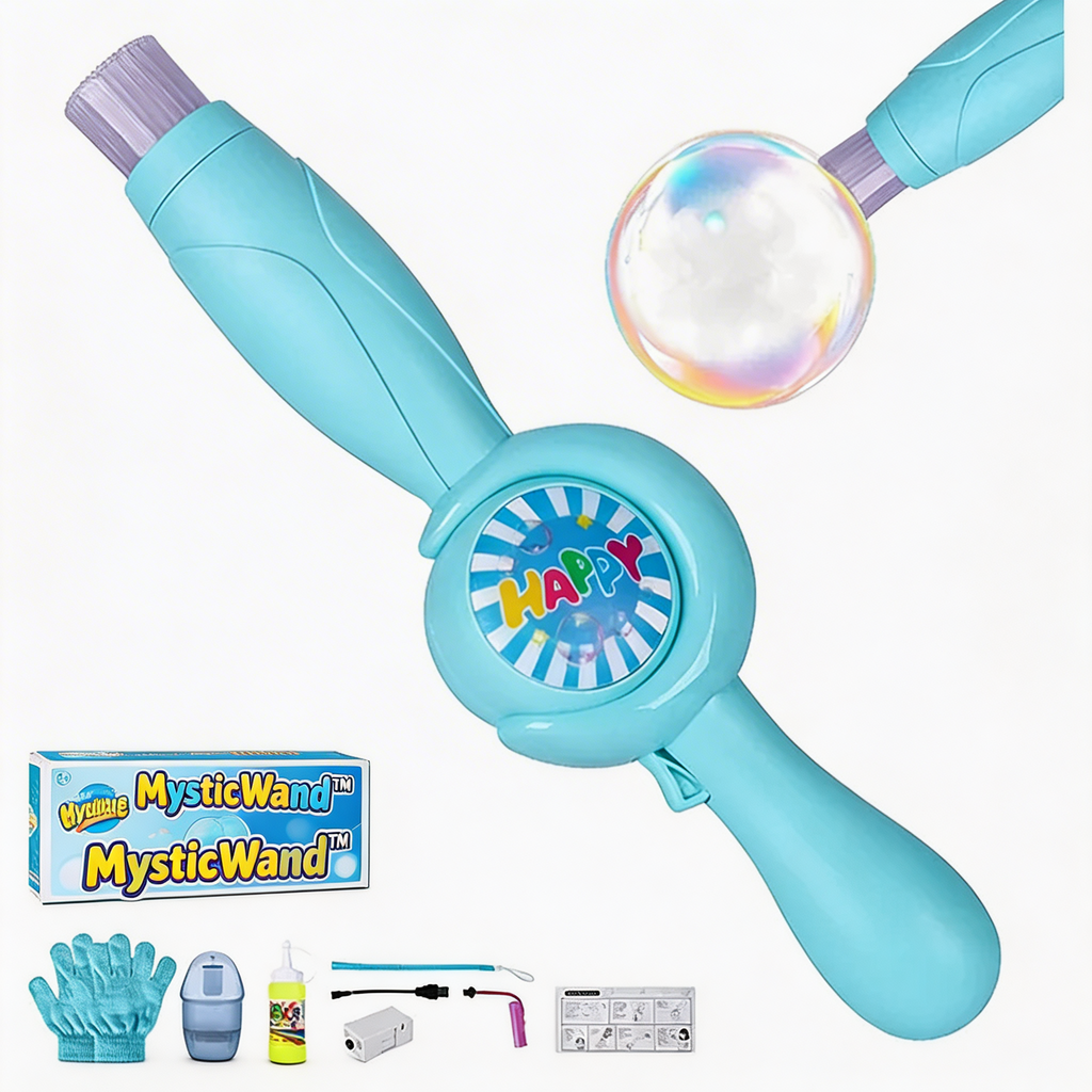Blue MysticWand bubble wand with box, front view