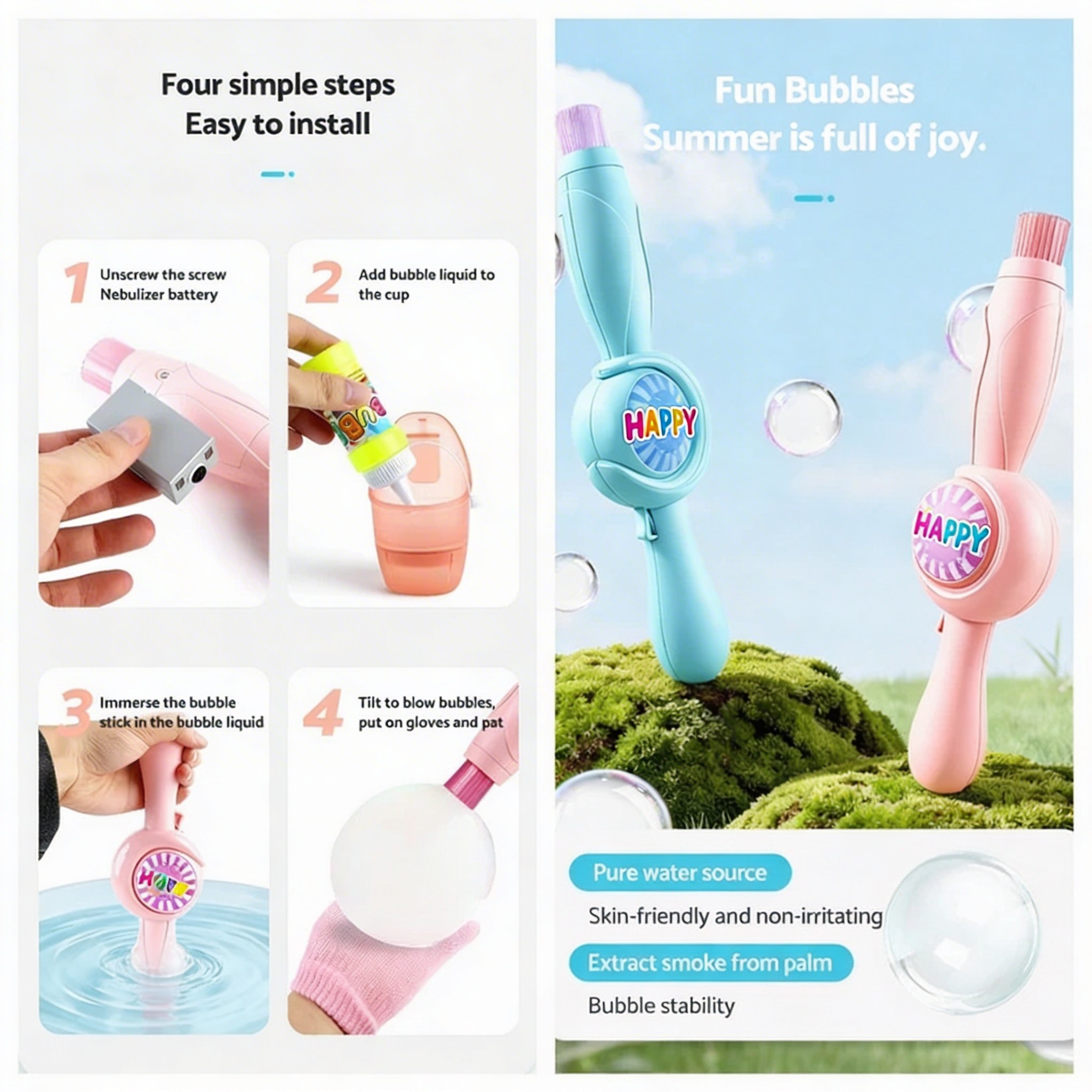 MysticWand setup steps and pink and blue bubble wand designs