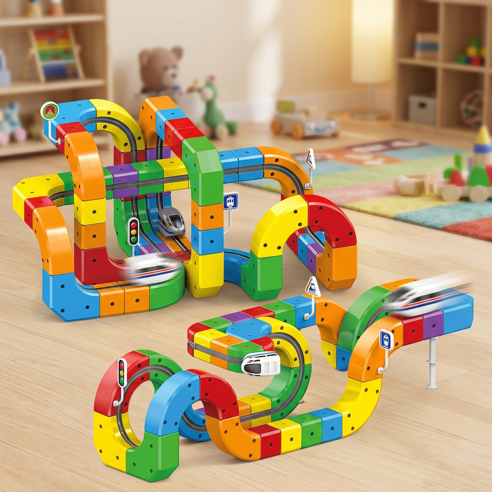 RailMaze track layout winding across the floor