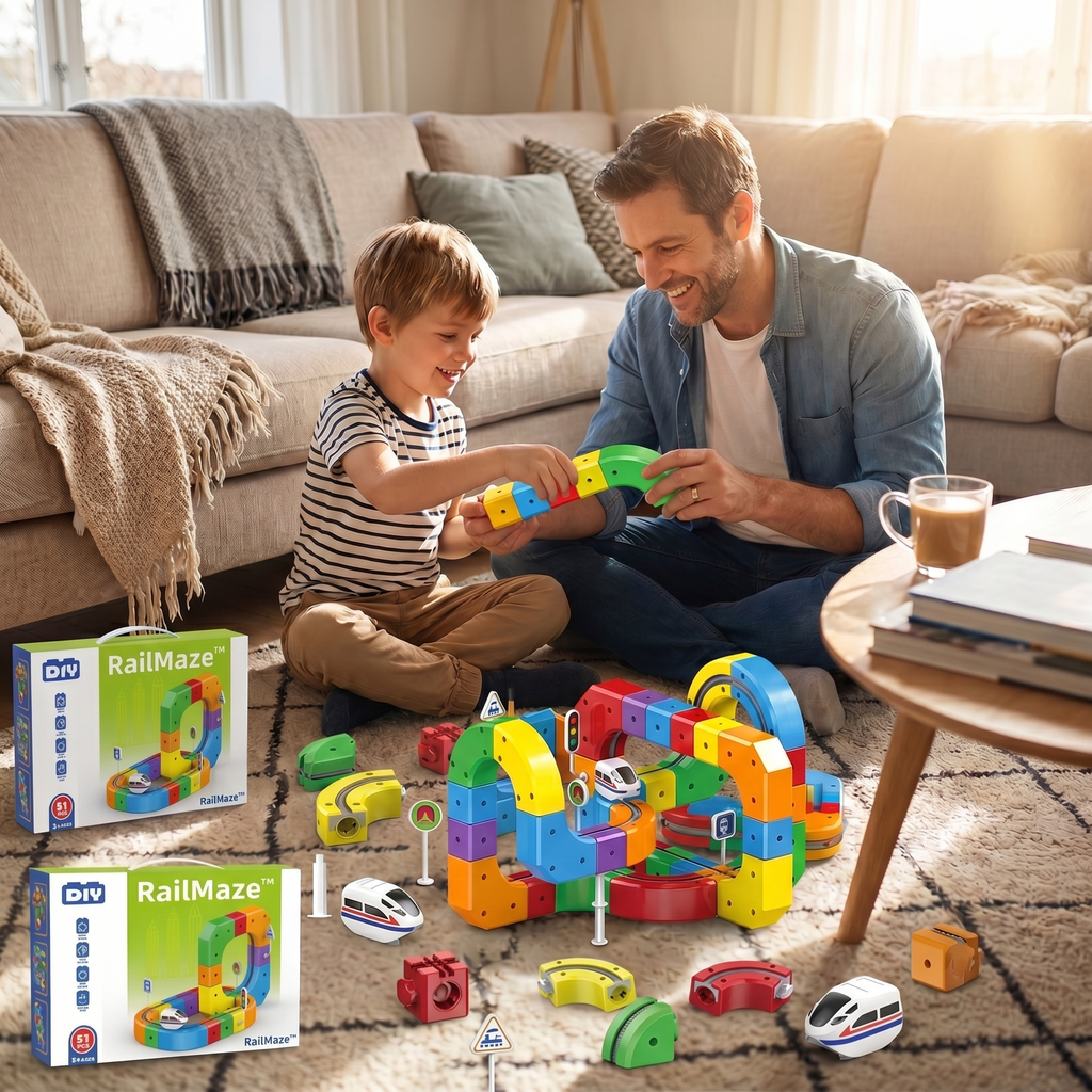 RailMaze train track set shown mid-build