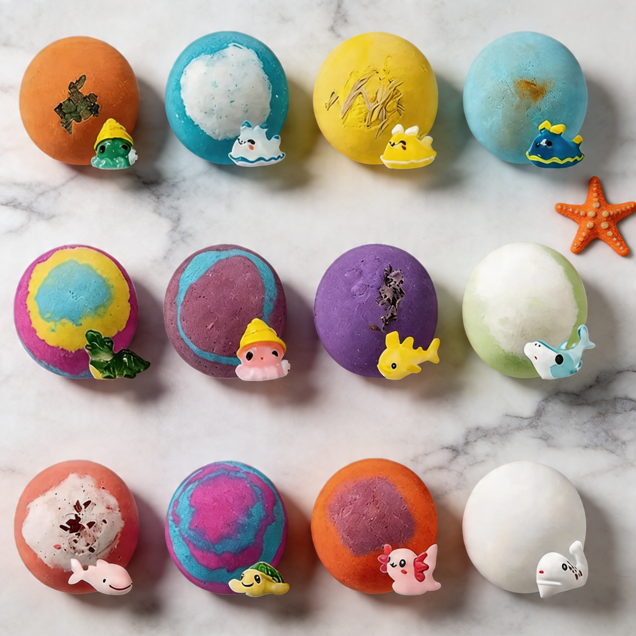 Twelve SplashDrop bath bombs in assorted colours displayed with tiny sea creature toys