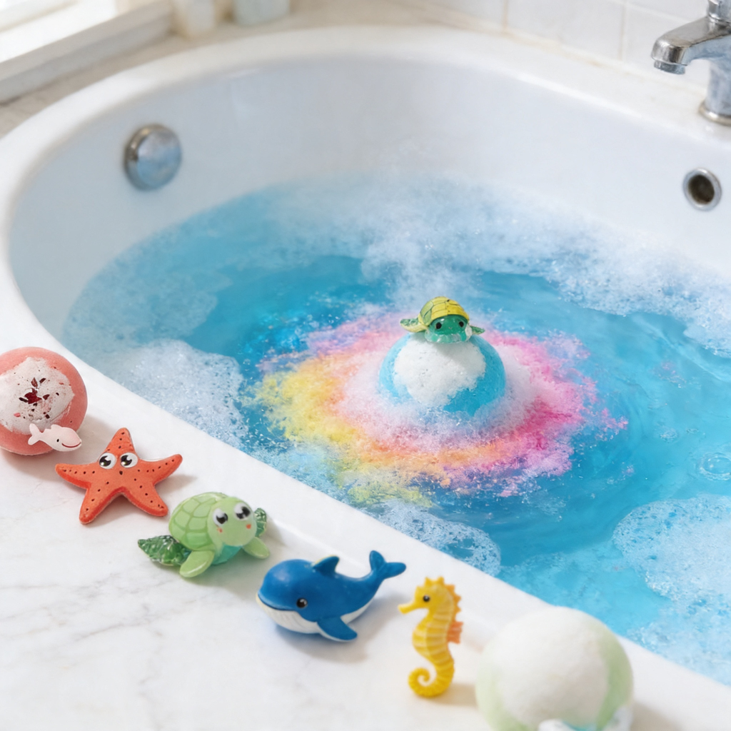 SplashDrop bath bomb dissolving in rainbow swirls with ocean toy figures on the tub rim