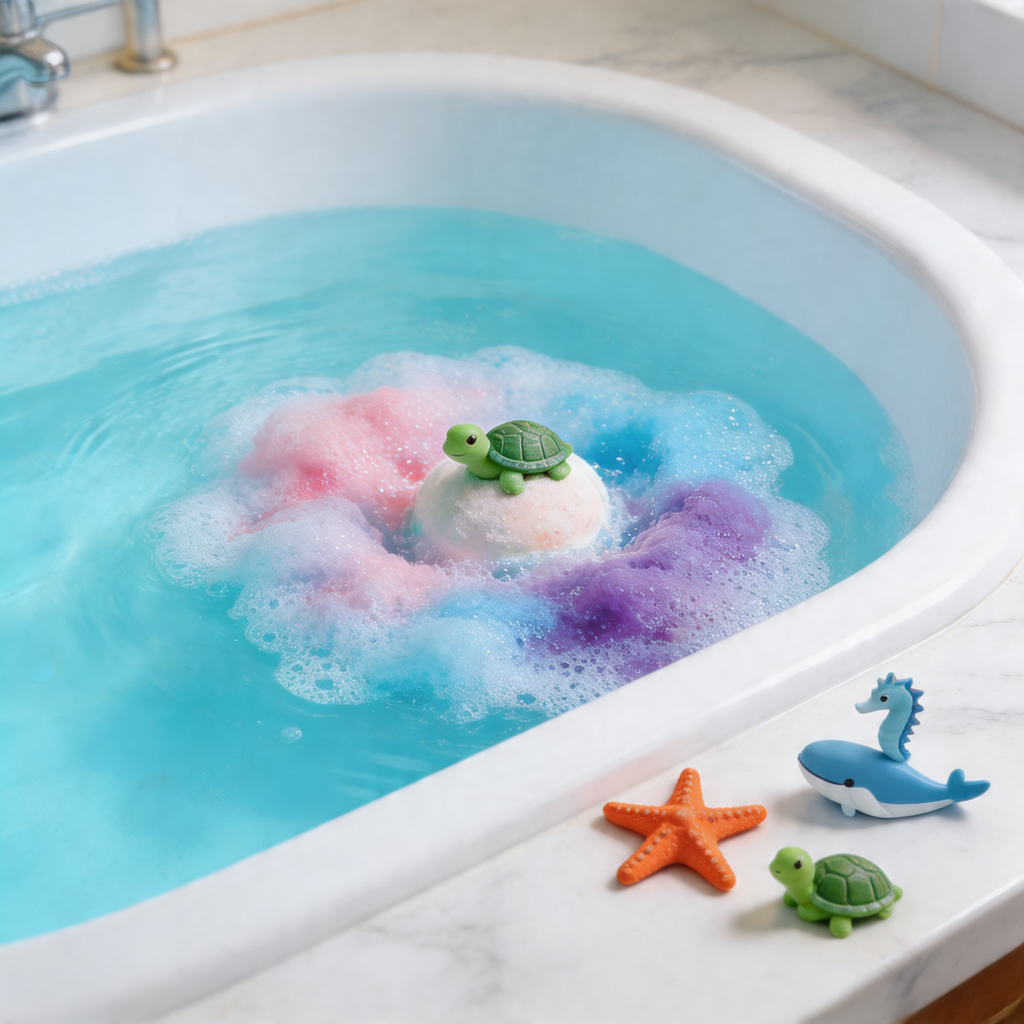 Pastel foam from a SplashDrop bath bomb in the tub with a turtle toy riding on top